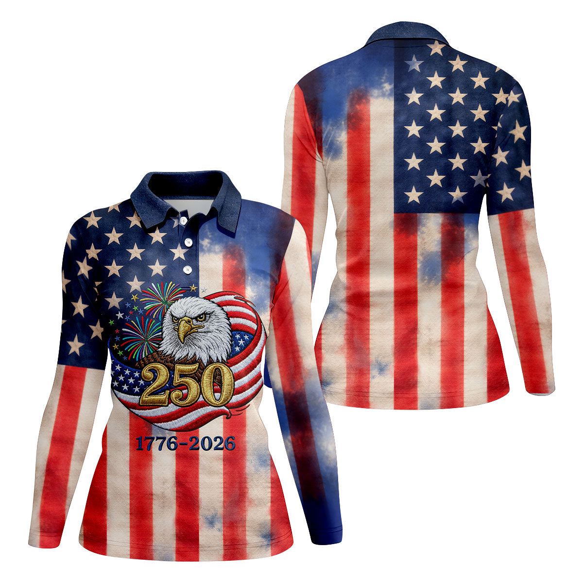 250 Years Bald Eagle US Flag Faded Color Retro Golf Shirt, Patriotic 4th Of July Golf Shirt For Women