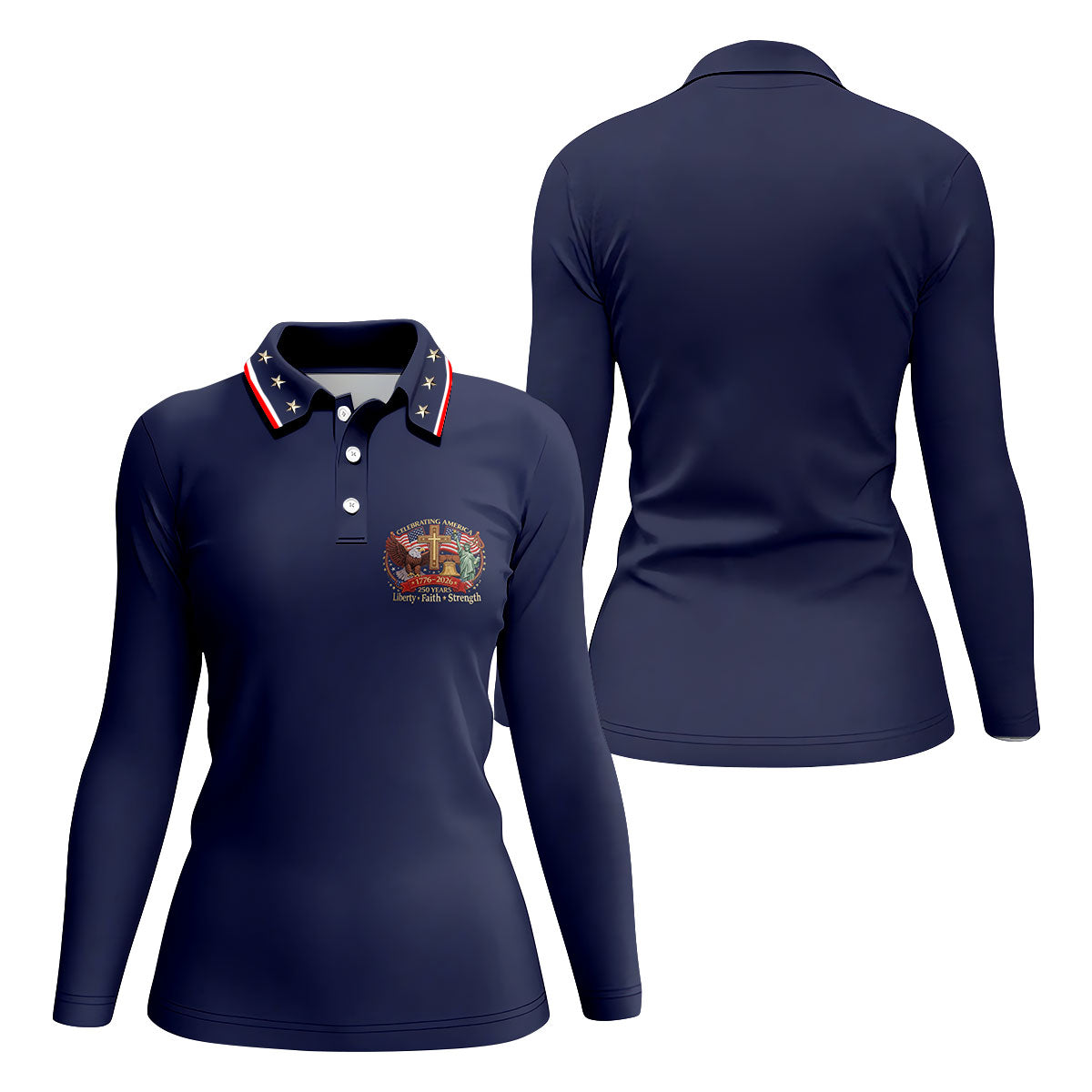 Liberty Faith Strength Faith Cross USA 250 Navy Golf Shirt, 4th Of July Golf Shirt For Women