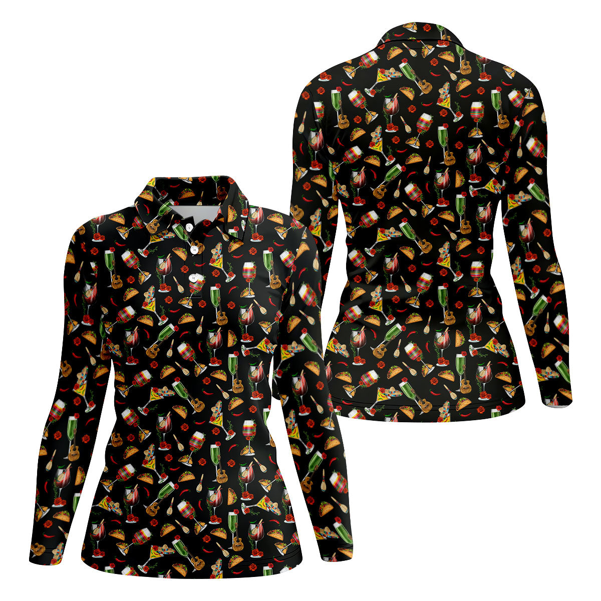 Traditional Mexican Taco And Wine Ladies Golf Tops, Cinco De Mayo Celebration Golf Shirt For Women