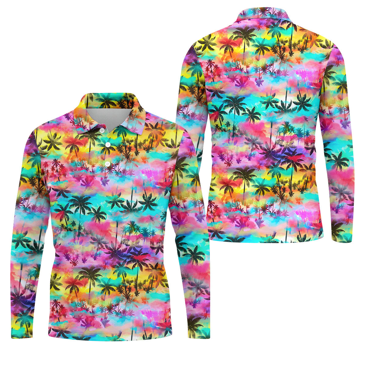 Watercolor Tropical Palm Golf Shirt, Colorful Sunset Hawaiian Polo, Polo Shirts For Men