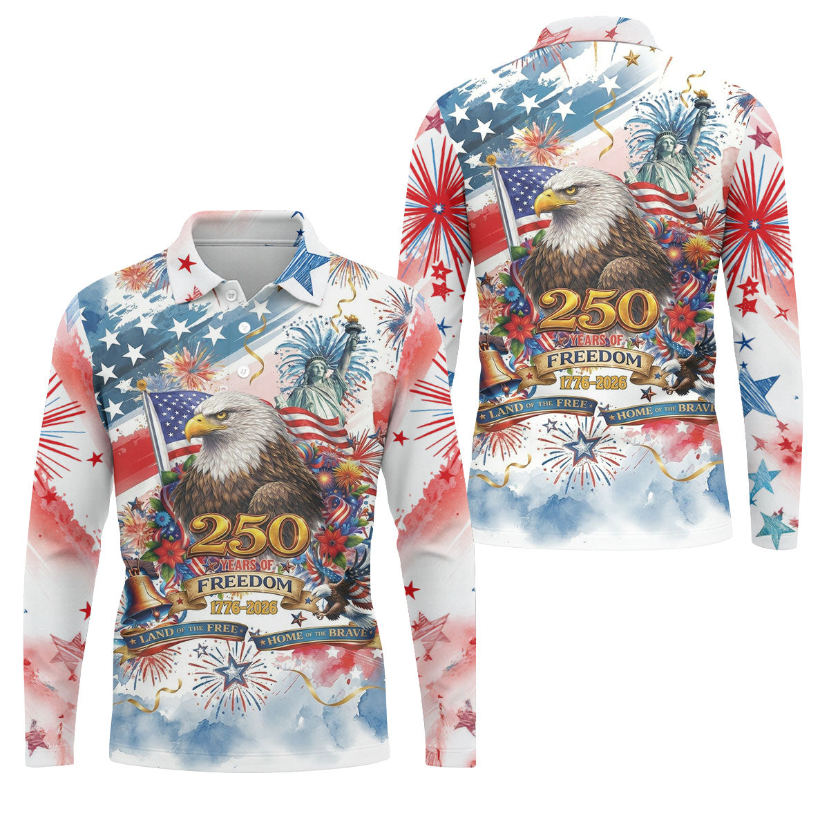 Land Of The Free Red White Blue Water Color Print 4th Of July Golf Shirt, 250 Years Golf Shirts For Men