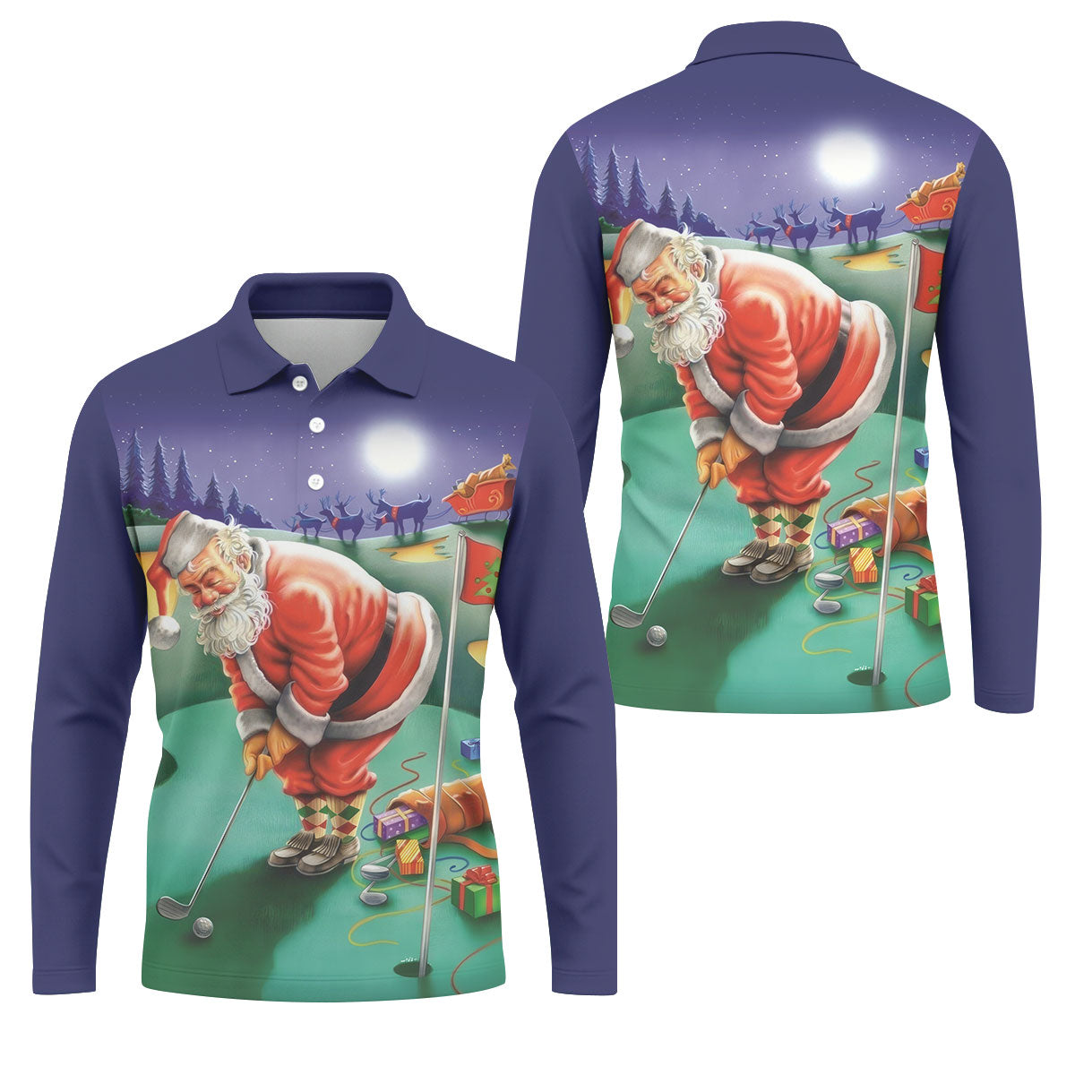 Men's Santa Night Golf Scene Golf Shirt, Christmas Golf Shirt, Golf Apparel For Men