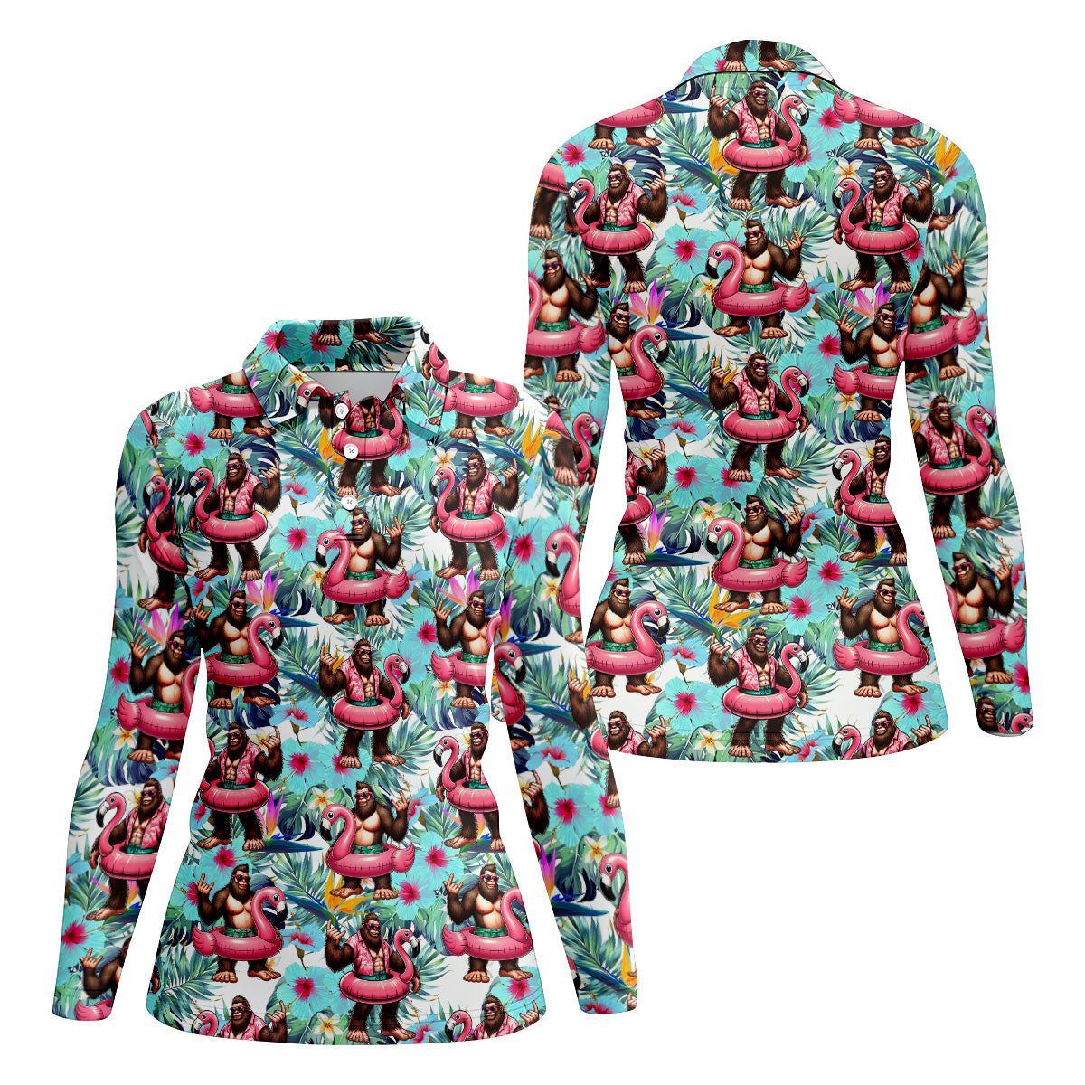 Funny Bigfoot Flamingo Float Tropical Golf Polo Shirt, Women's Golf Tops, Golf Polo For Women