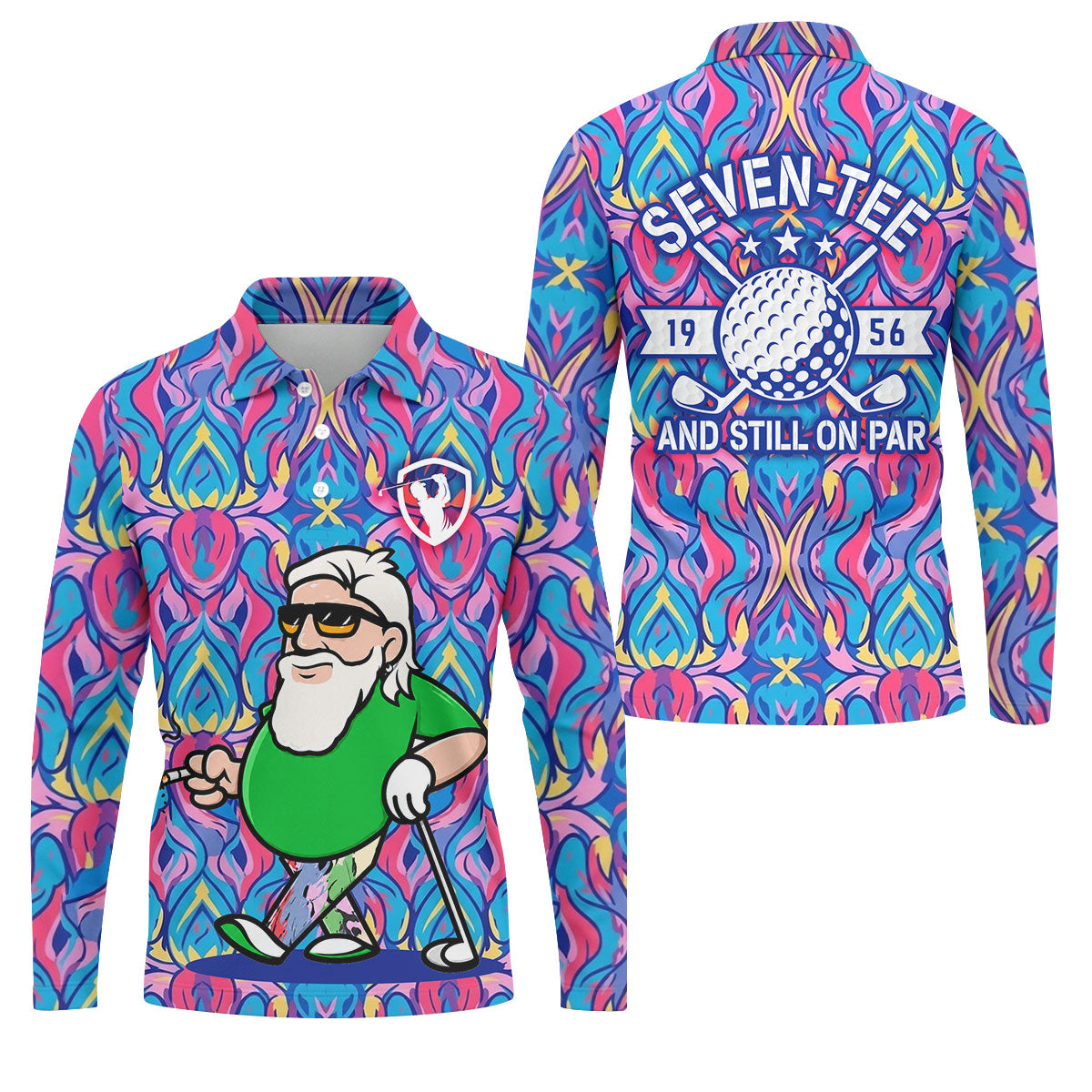 Colorful Psychedelic Santa Golfer Print Men's Golf Shirt, Mens Golf Apparel, Hawaiian Golf Shirt