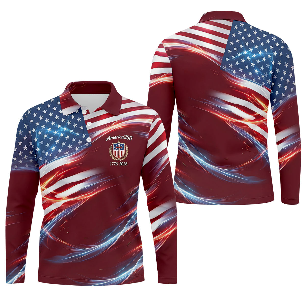 America 250 Light Effect American Flag Golf Shirt, Patriotic 4th Of July Golf Shirts For Men