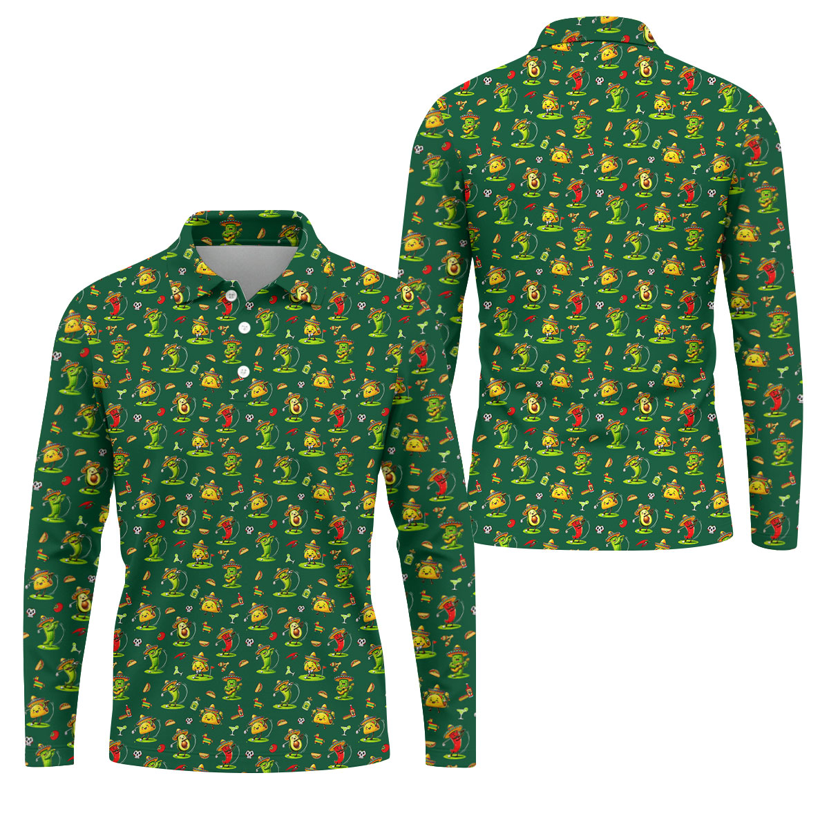 Mexican Cartoon Food Characters Cinco De Mayo Celebration Fiesta Themed Green Golf Shirts For Men
