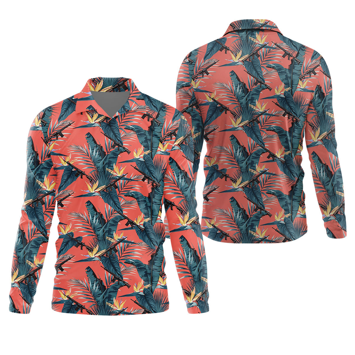 Tropical Palm Leaf And Rifle Pattern Coral Golf Polo, Printed Golf Shirts, Golf Apparel For Men