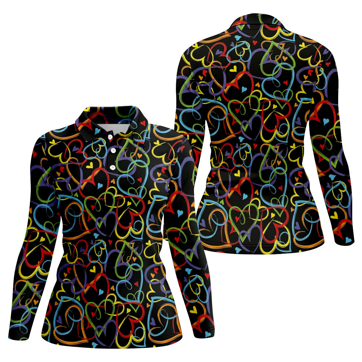 Colorful Heart Outline Pattern Golf Polo Shirt, Golf Shirts For Women, Ladies Golf Shirt
