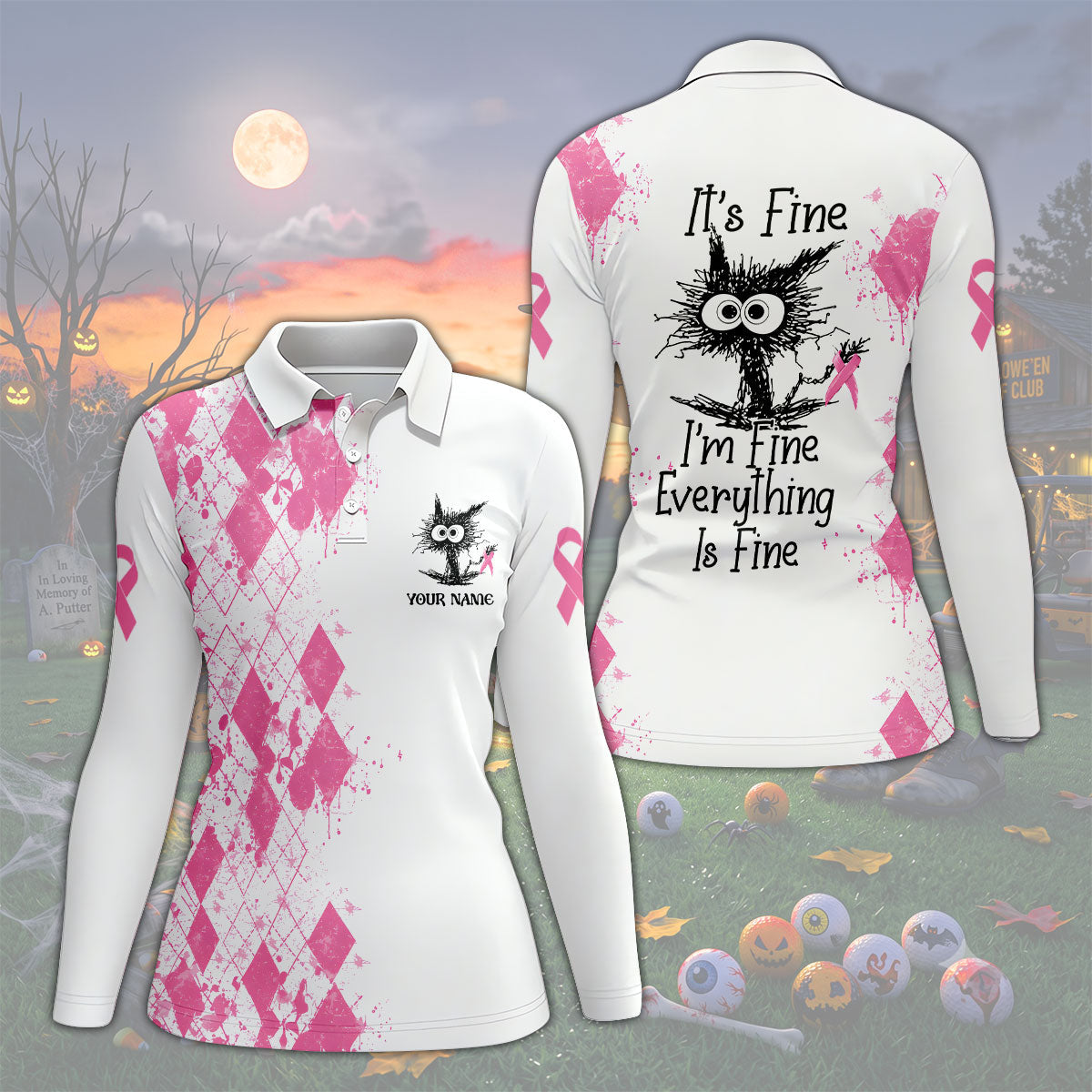 Custom Im Fine Everything Is Fine Breast Cancer Polo Shirt, Womens Golf Tops, Ladies Golf Tops