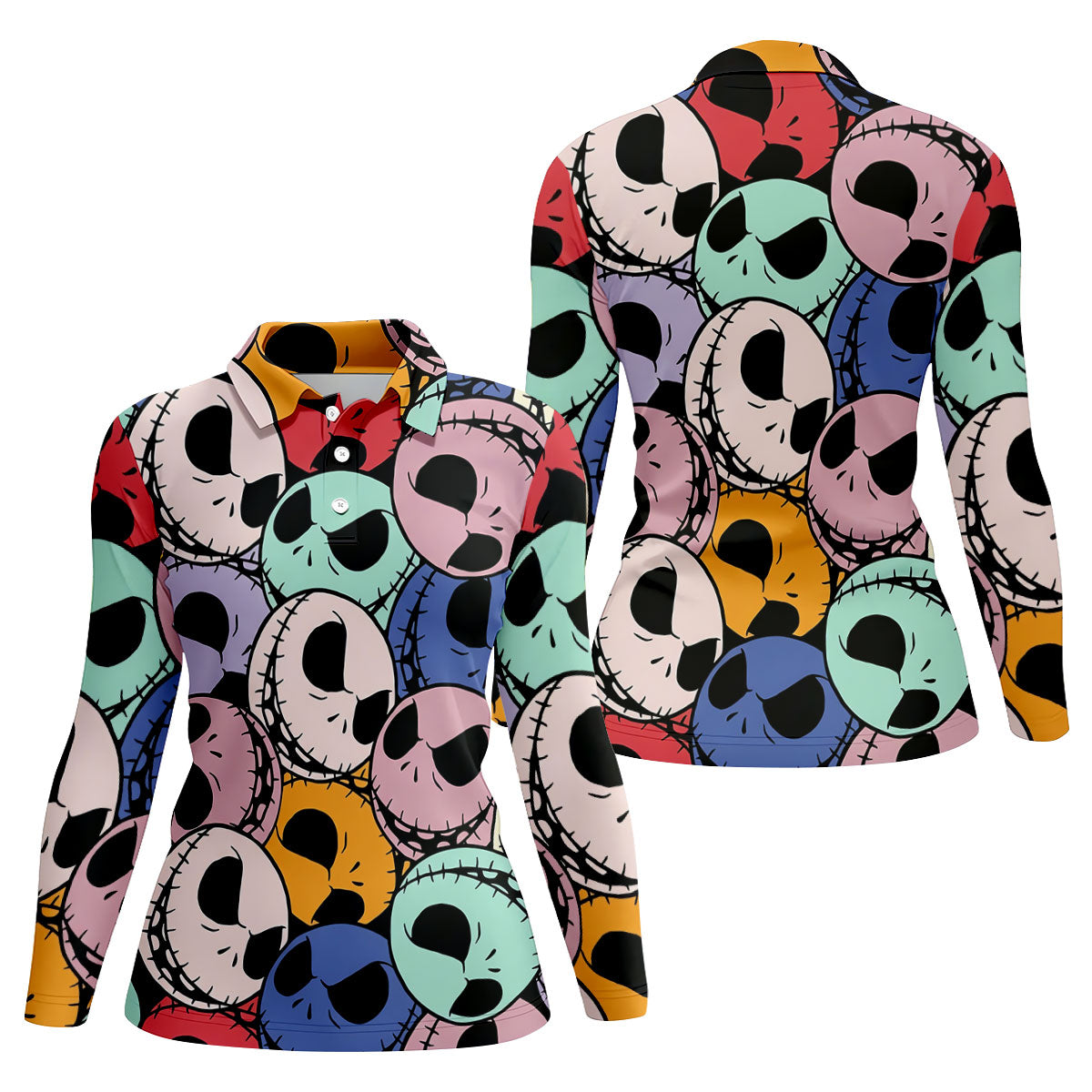 Colorful Cartoon Skull Halloween Golf Polo Shirt, Women’s Golf Polo, Ladies Golf Tops