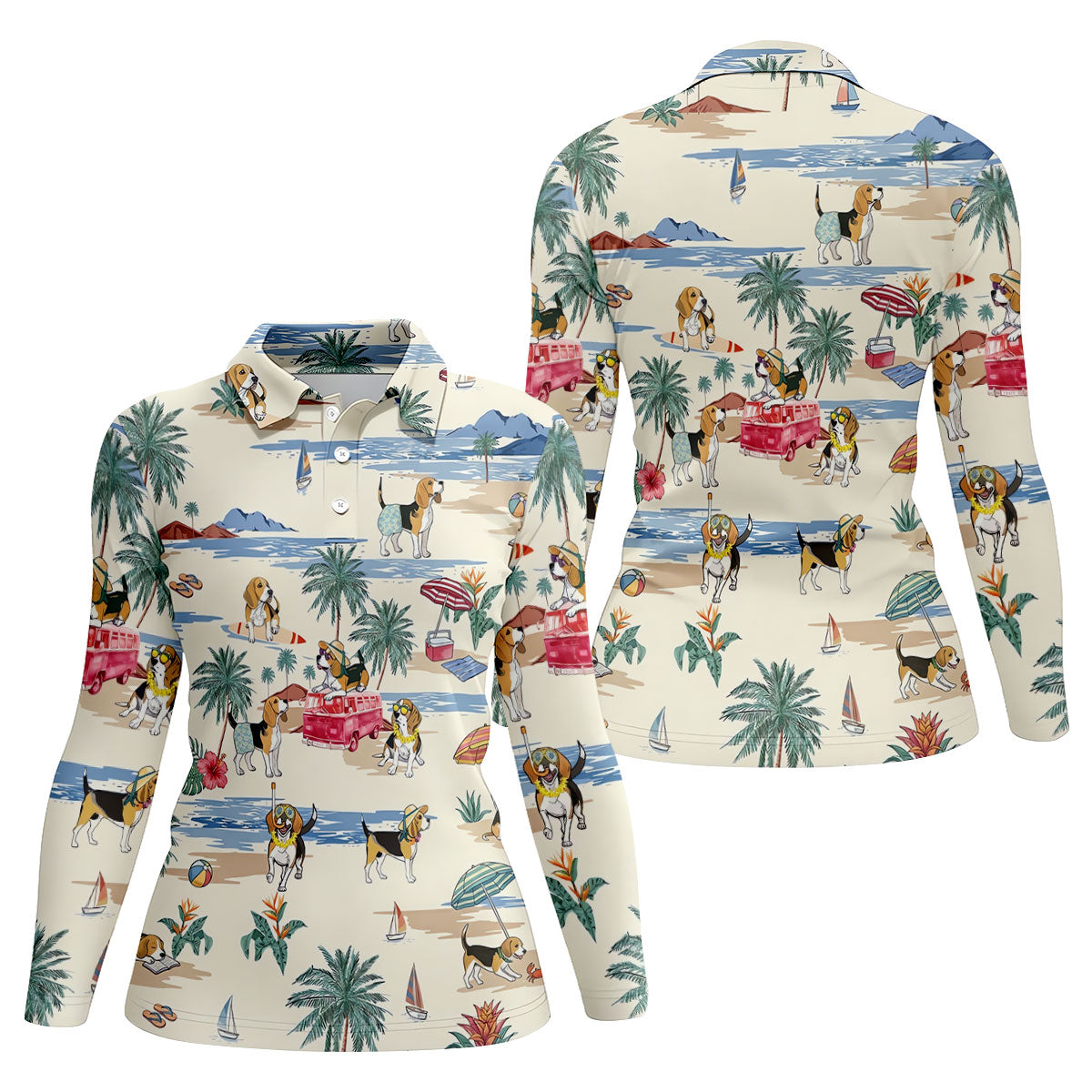 Cute Beagle Beach Vacation Tropical Golf Polo Shirt, Golf Shirts For Women, Women's Golf Apparel