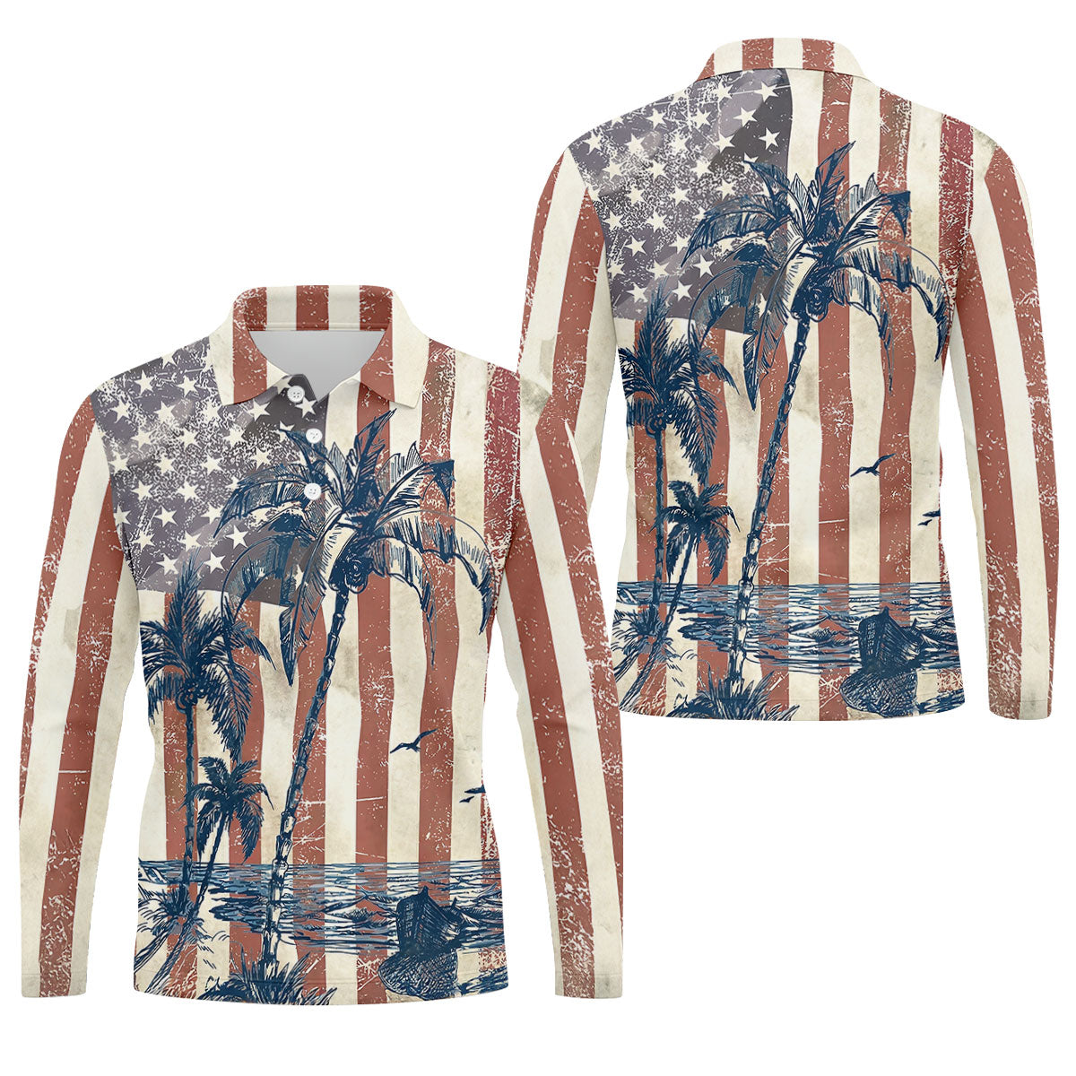 Hawaiian Theme Distressed US Flag Patriotic Golf Shirt, 250 Years 4th Of July Golf Shirts For Men
