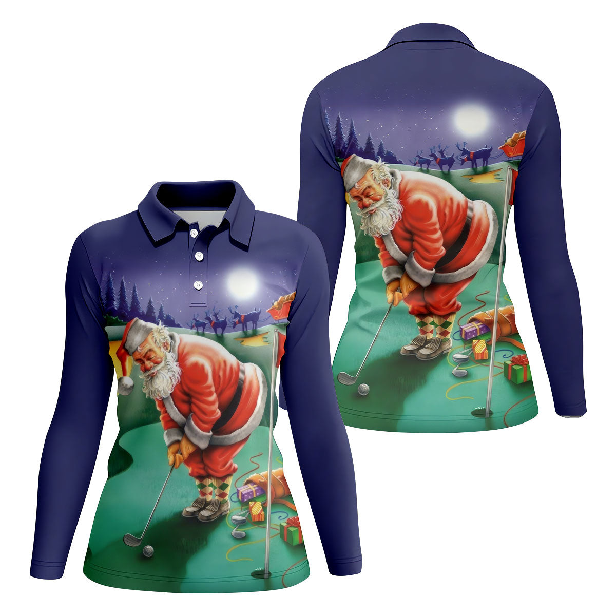 Women's Santa Night Golf Scene Golf Shirt, Christmas Golf Shirt, Women’s Golf Apparel