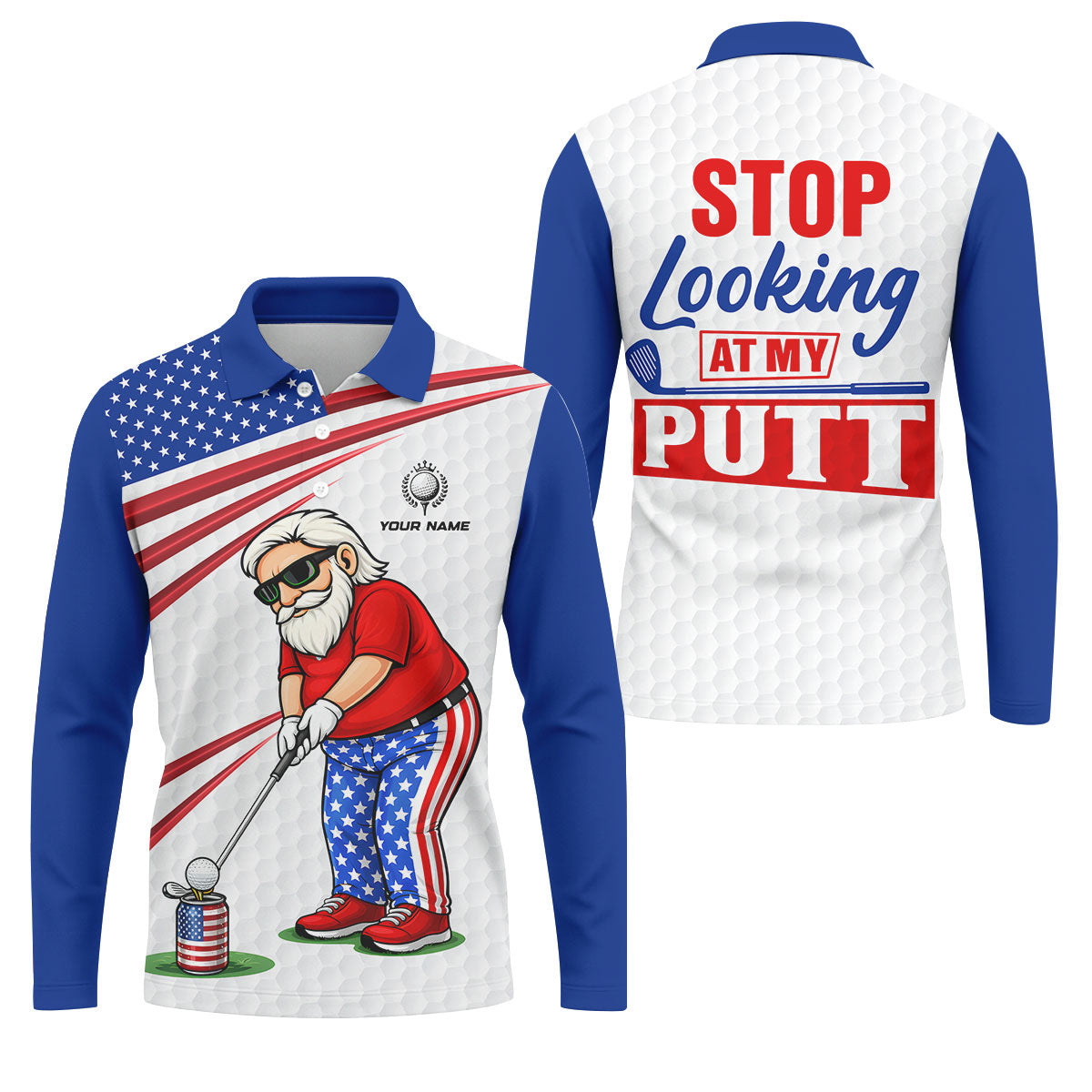 Stop Looking At My Putt Golf Ball Pattern 250 Years Patriotic 4th Of July Golf Shirts For Men