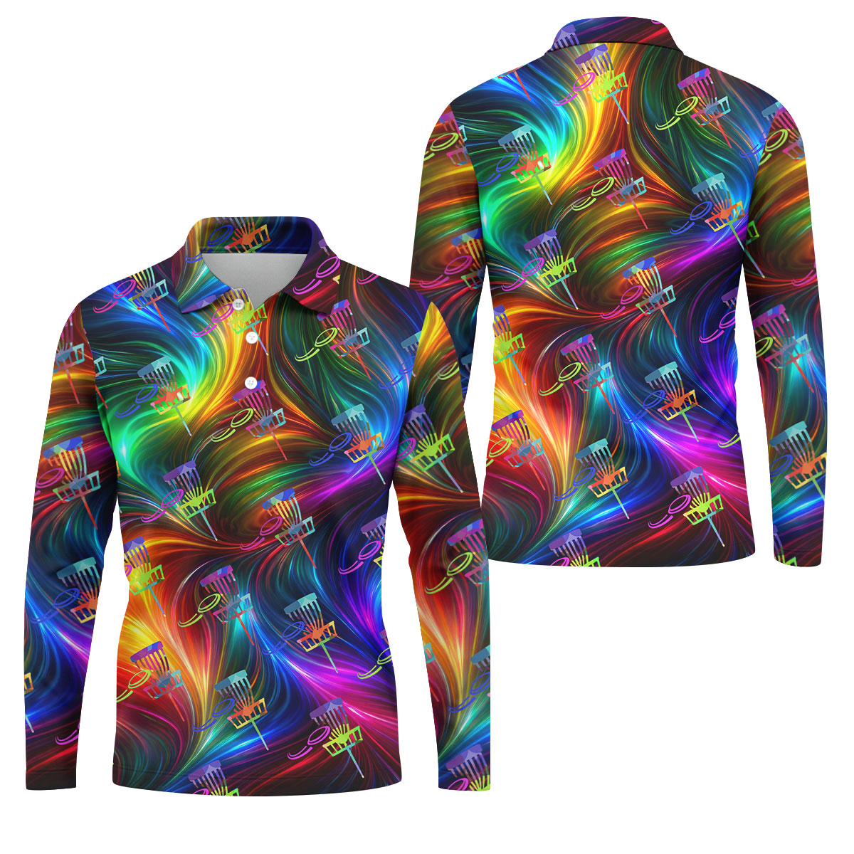 Colorful Disc Golf Basket Swirl Pattern Polo Shirt, Printed Golf Shirts, Hawaiian Golf Shirt, Mens Golf Apparel