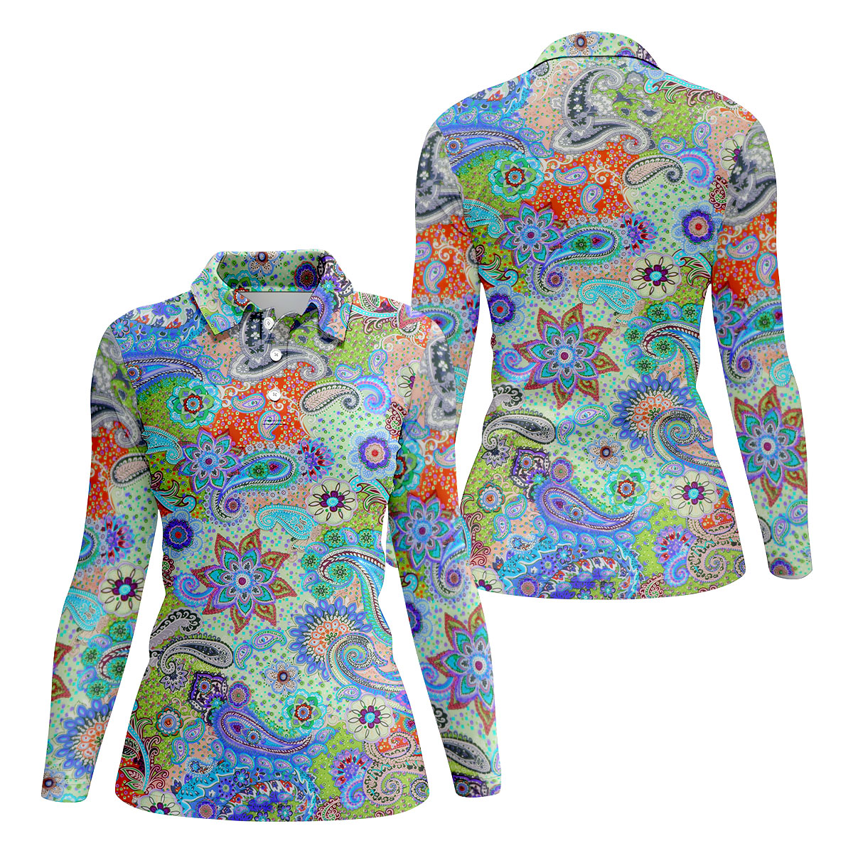 Colorful Boho Paisley Floral Pattern Golf Polo, Women's Golf Tops, Printed Golf Shirt