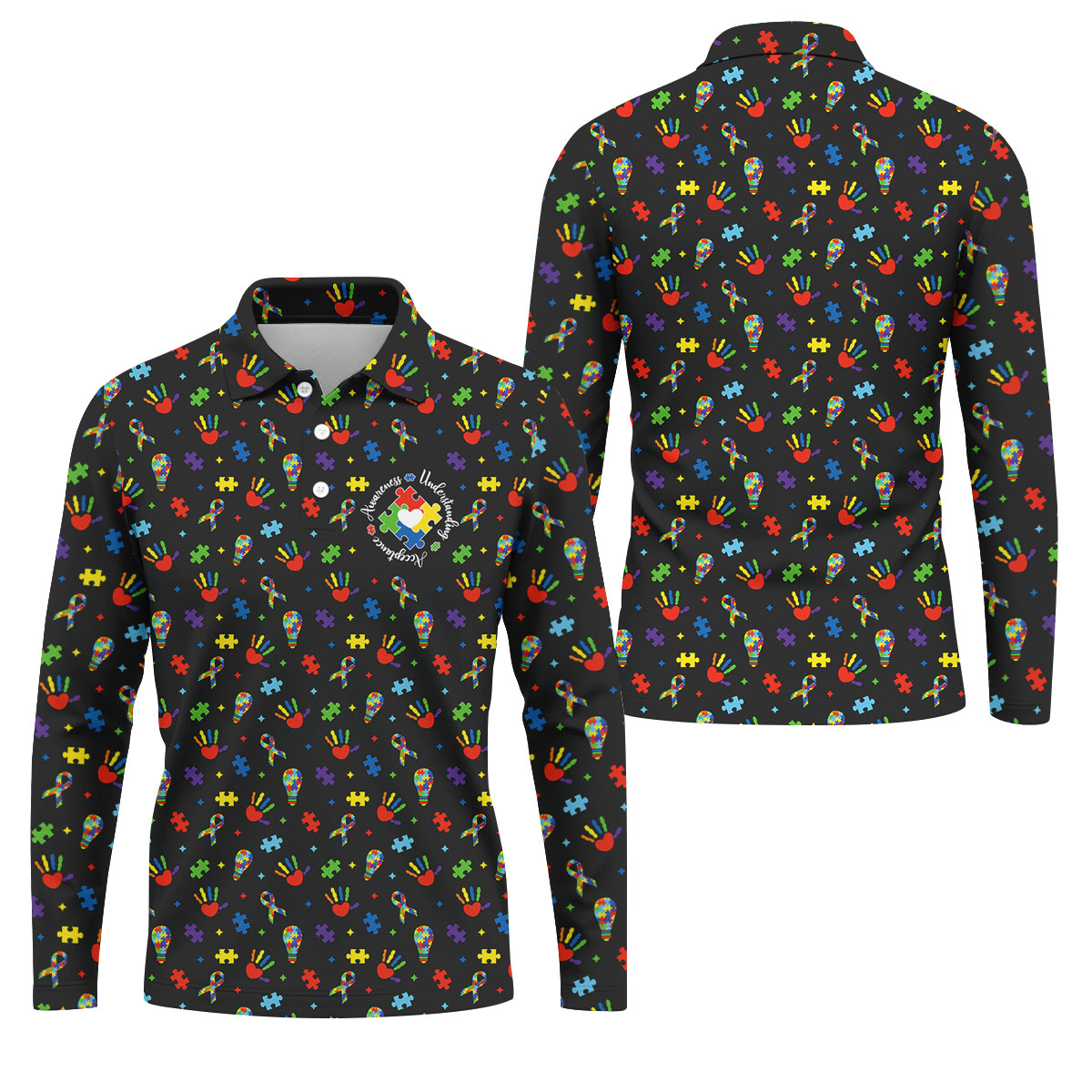 Awareness Understanding Acceptance Autism Ribbon Black Golf Shirt, Autism Awareness Colors Golf Shirts For Men