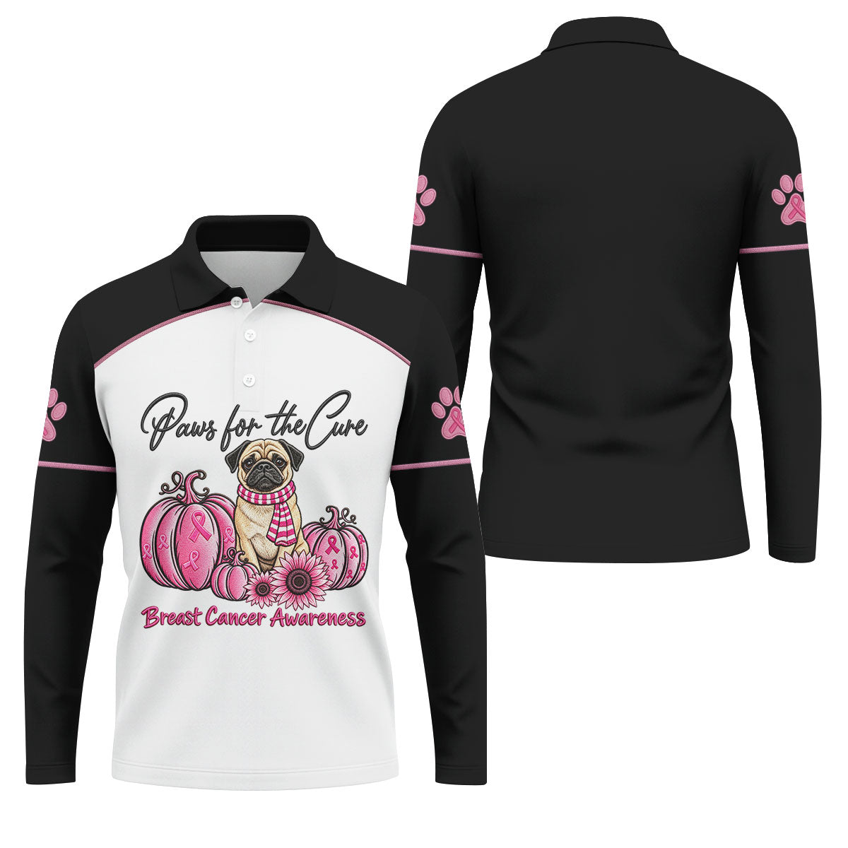 Paws For The Cure Pug Breast Cancer Polo Shirt, Golf Shirts For Men, Mens Golf Apparel
