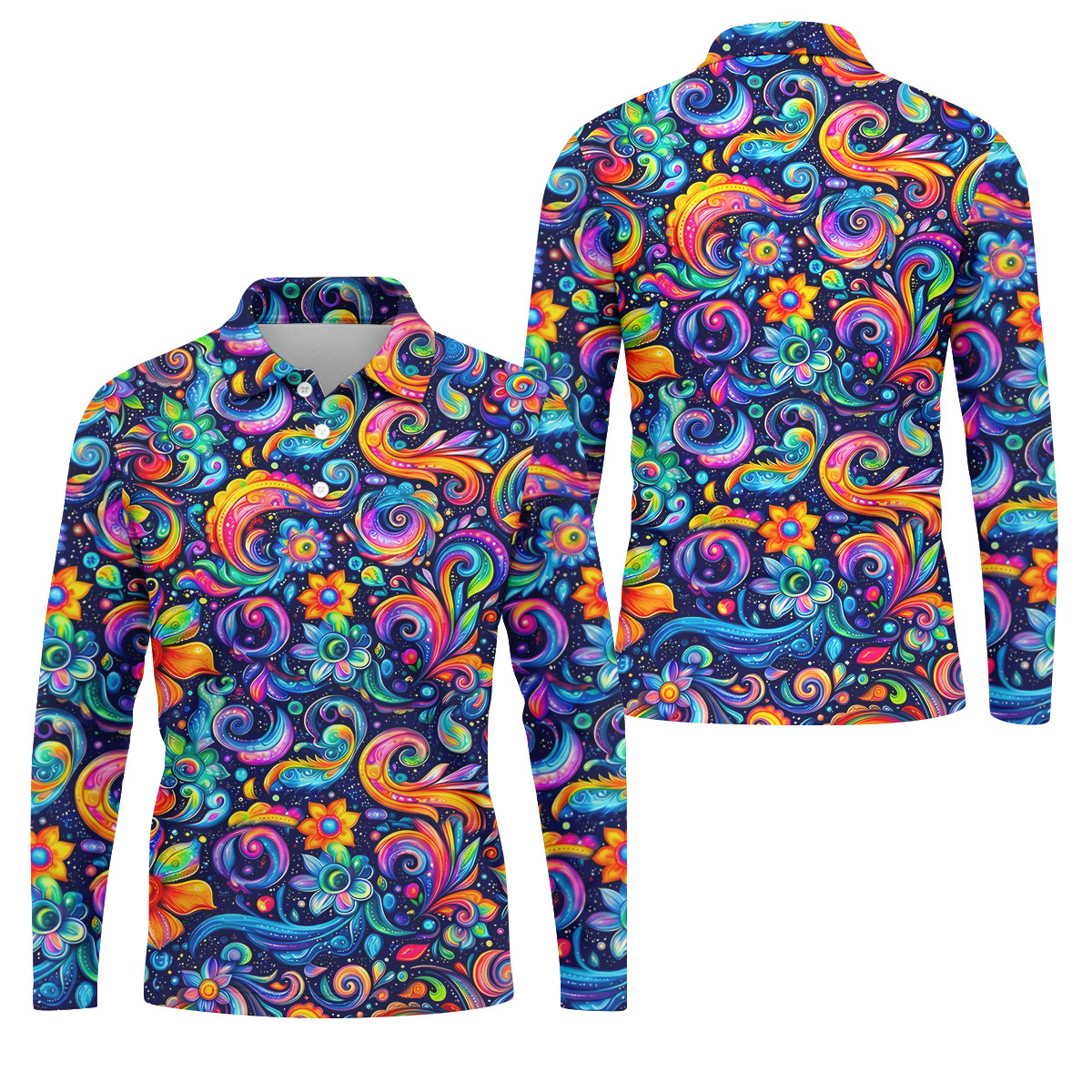 Colorful Psychedelic Swirl Floral Hawaiian Golf Shirt, Mens Golf Shirts, Golf Apparel For Men
