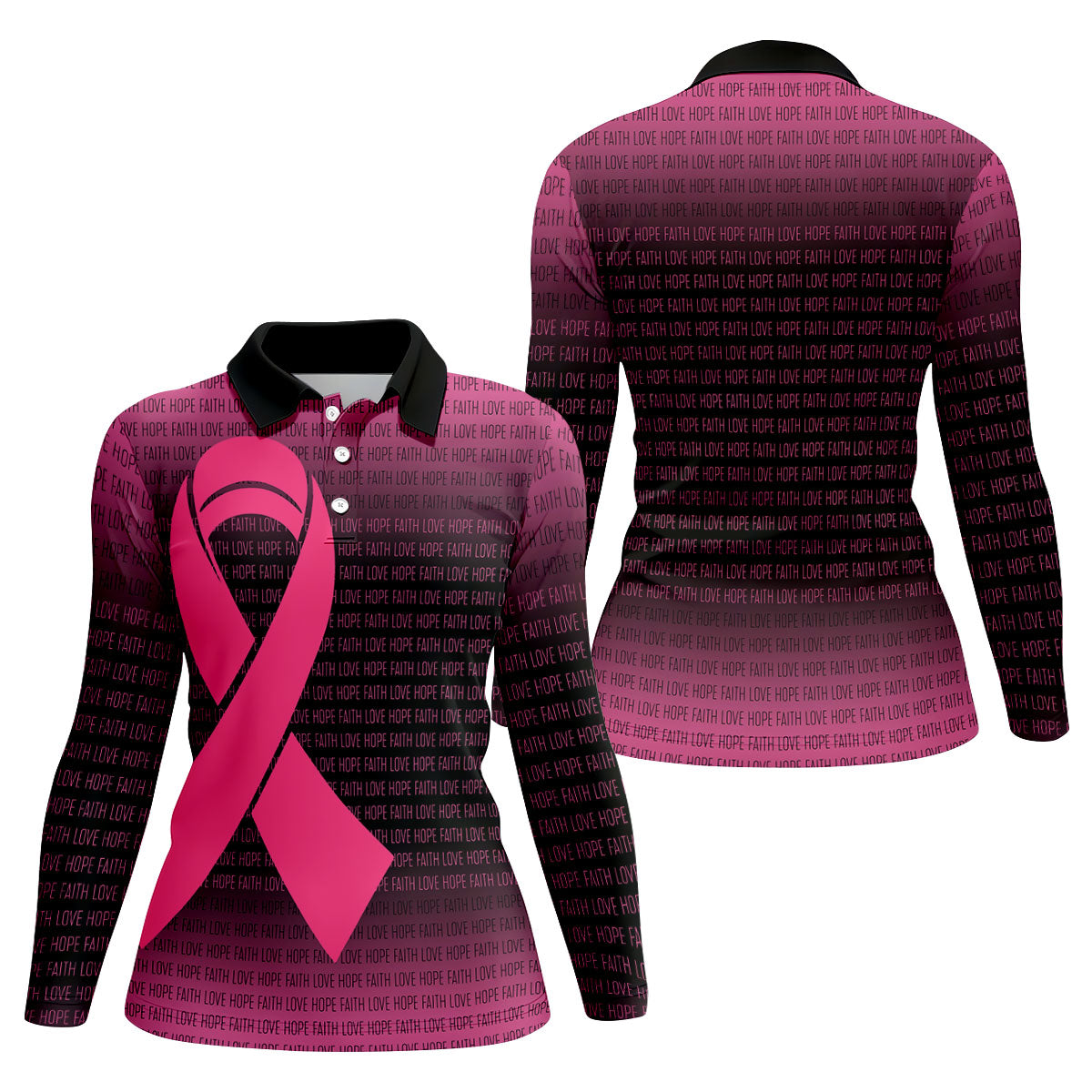 Faith Love Hope Pink Ribbon Breast Cancer Polo Shirt, Ladies Golf Tops, Women’s Golf Polo