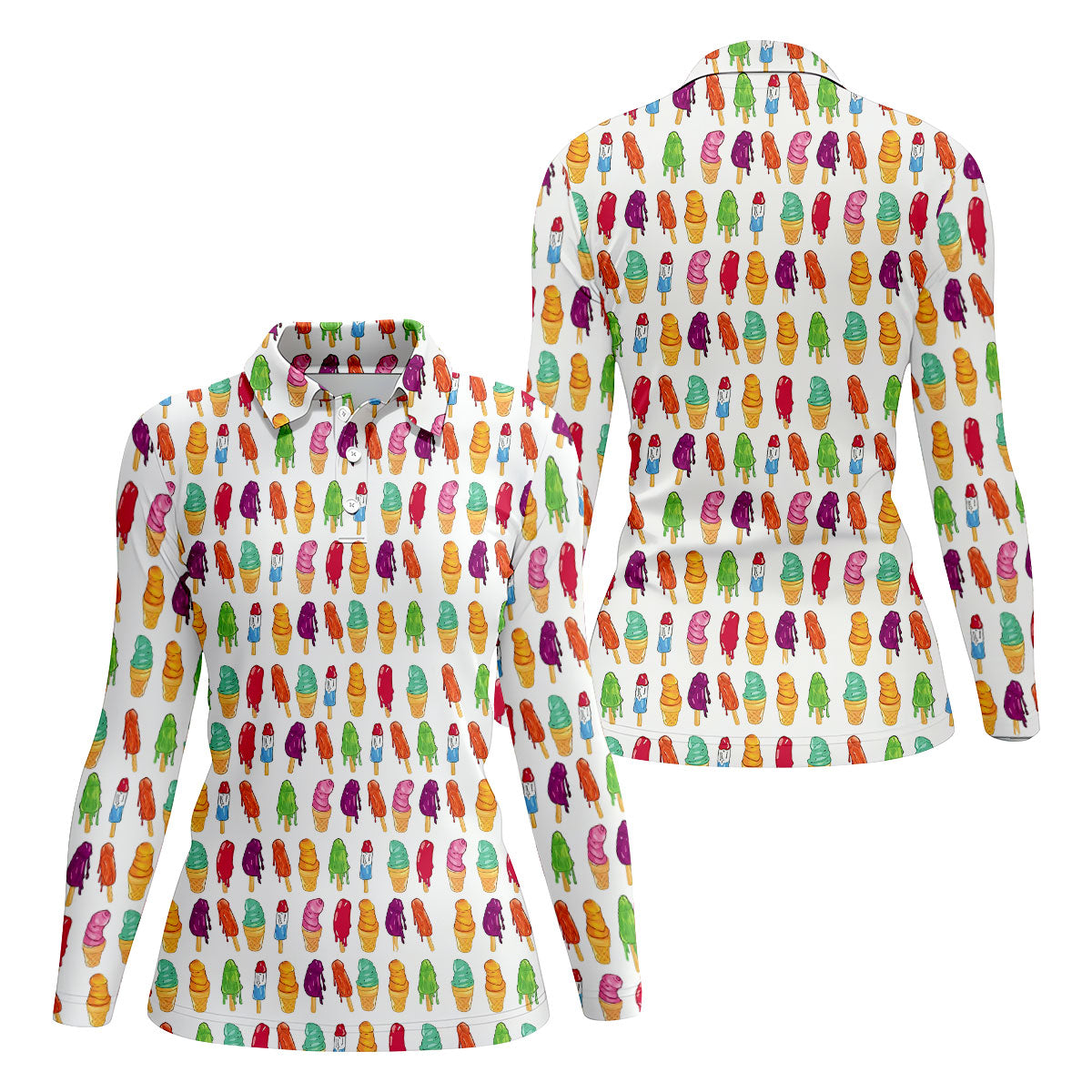 Colorful Ice Cream Pattern Golf Polo Shirt, Golf Tops For Women, Ladies Golf Top