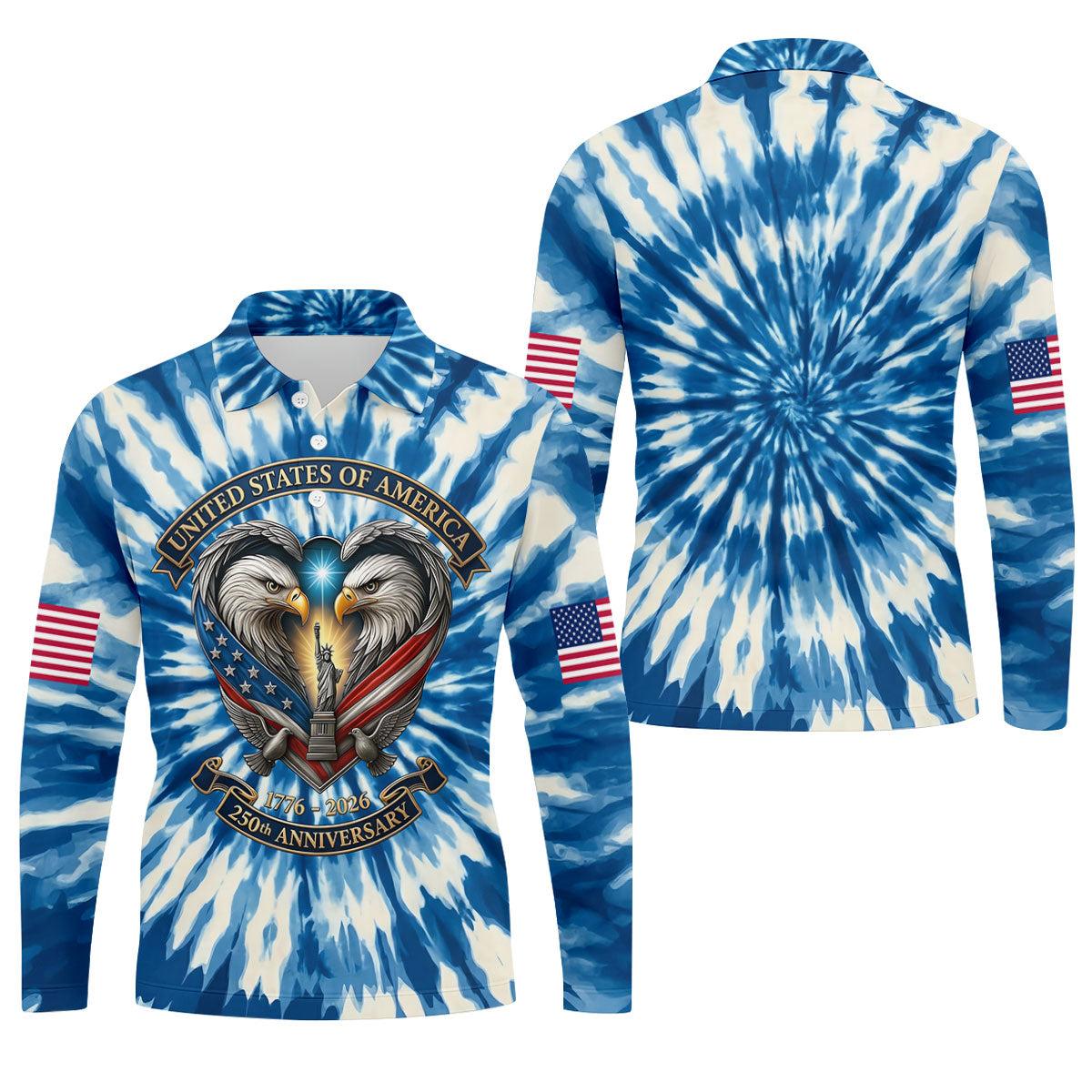 USA 250th Anniversary Tie Dye Print Bald Eagle Golf Shirt, Patriotic 4th Of July Golf Shirts For Men