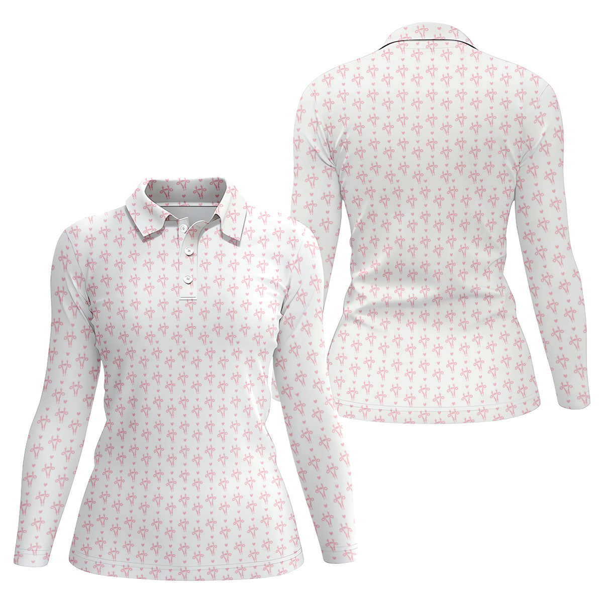 White Pink Funny Adult Pattern Polo Shirt, Ladies Golf Tops, Women's Golf Polo