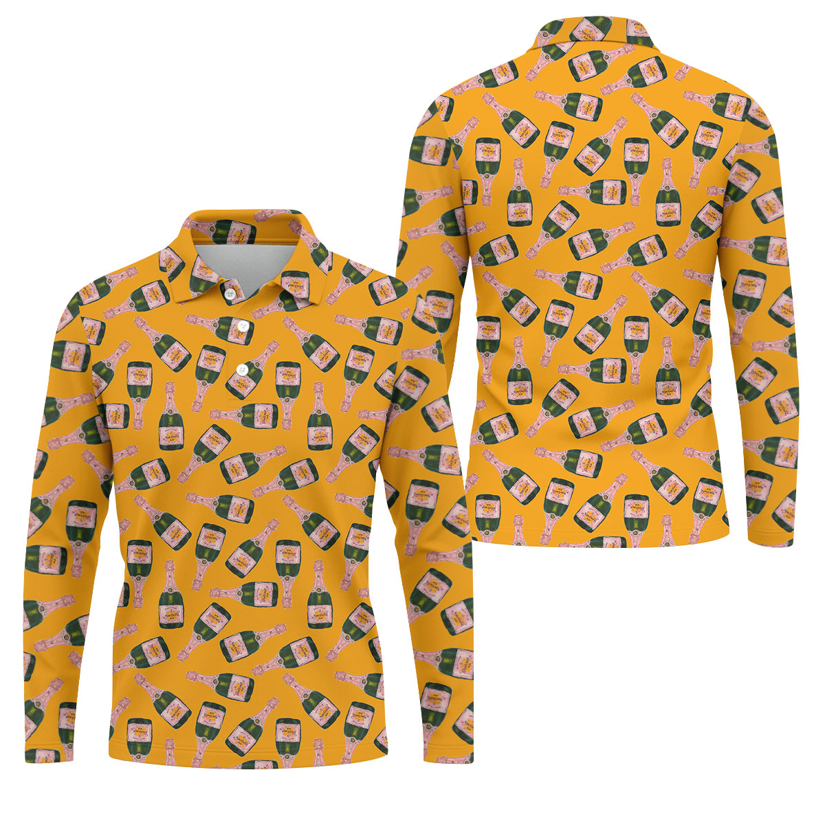 Rosé Champagne Seamless Pattern Yellow Golf Shirt, Polo Shirts For Men, Golf Shirts For Men