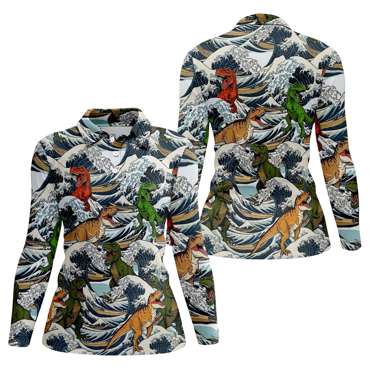 T Rex Surfing Great Wave Golf Polo Shirt, Women's Golf Polo, Golf Shirts For Women