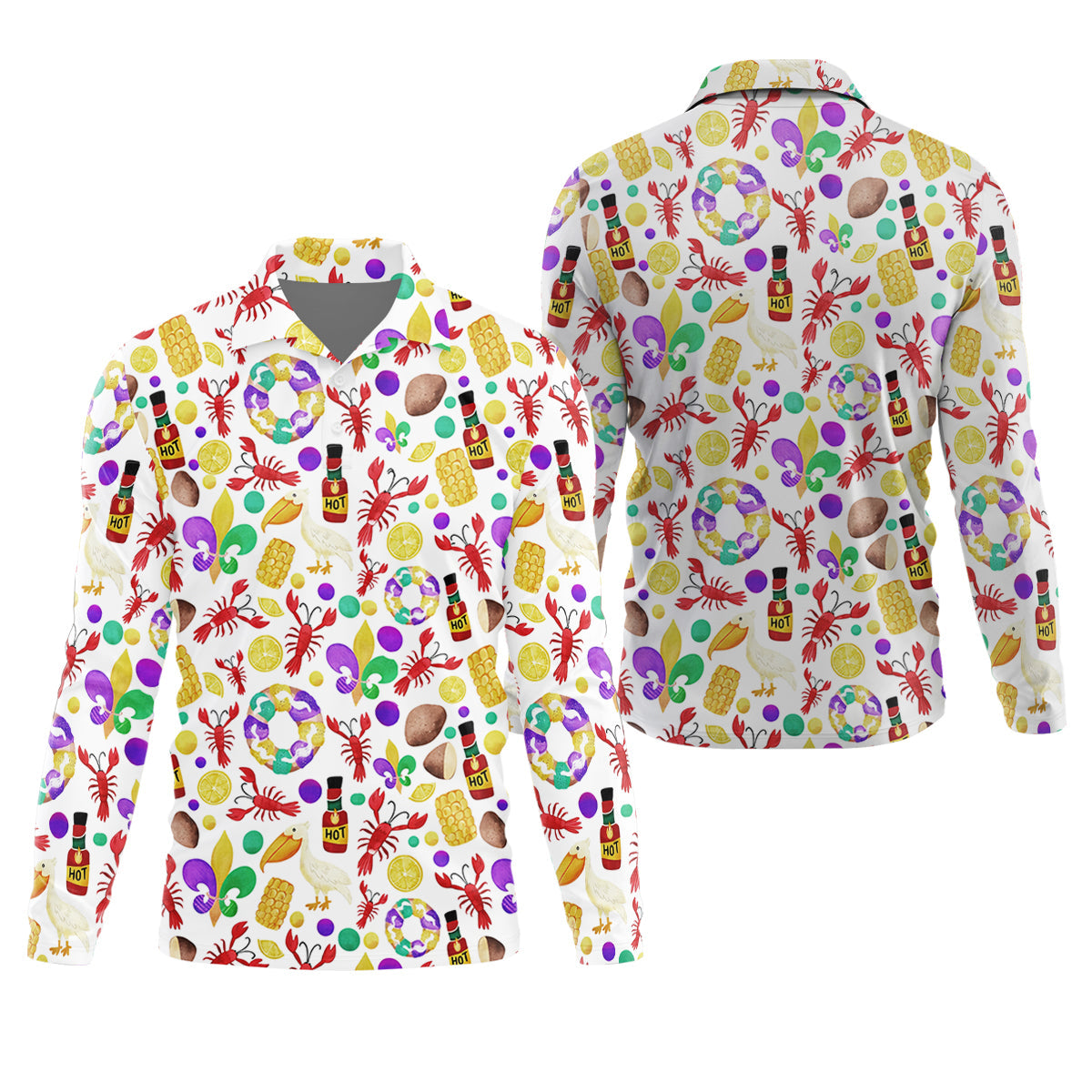 Fleur De Lis Flower White Pelican Lobster Hot Sauce Mardi Gras Golf Shirt, Golf Tops For Men, Polo Shirts For Men