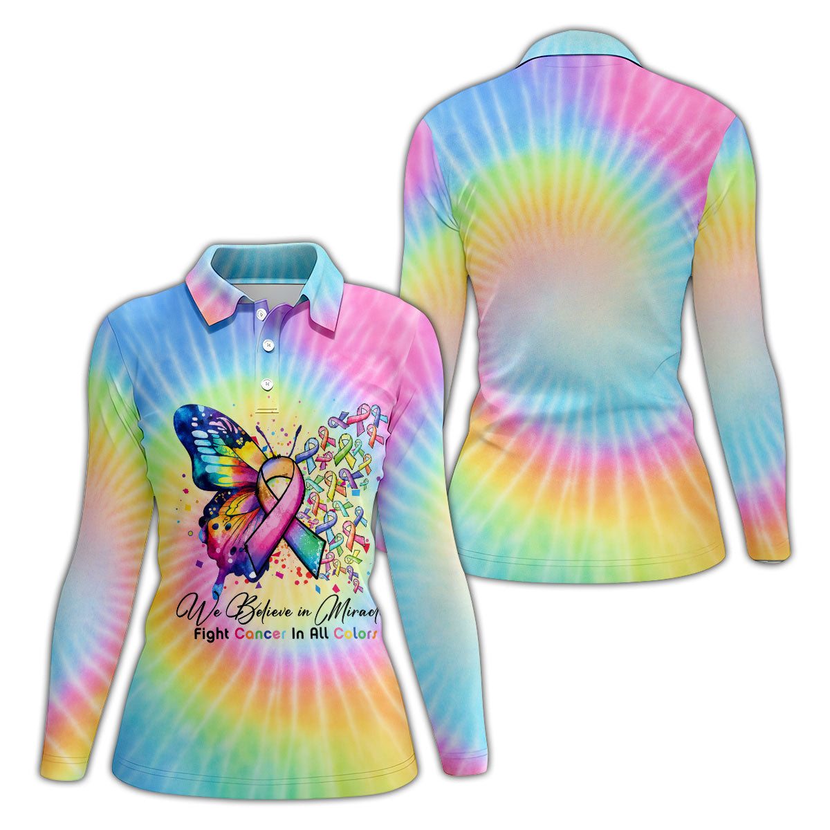We Believe In Miracles Cancer Ribbon Polo Shirt, Women's Golf Polo, Golf Tops For Women