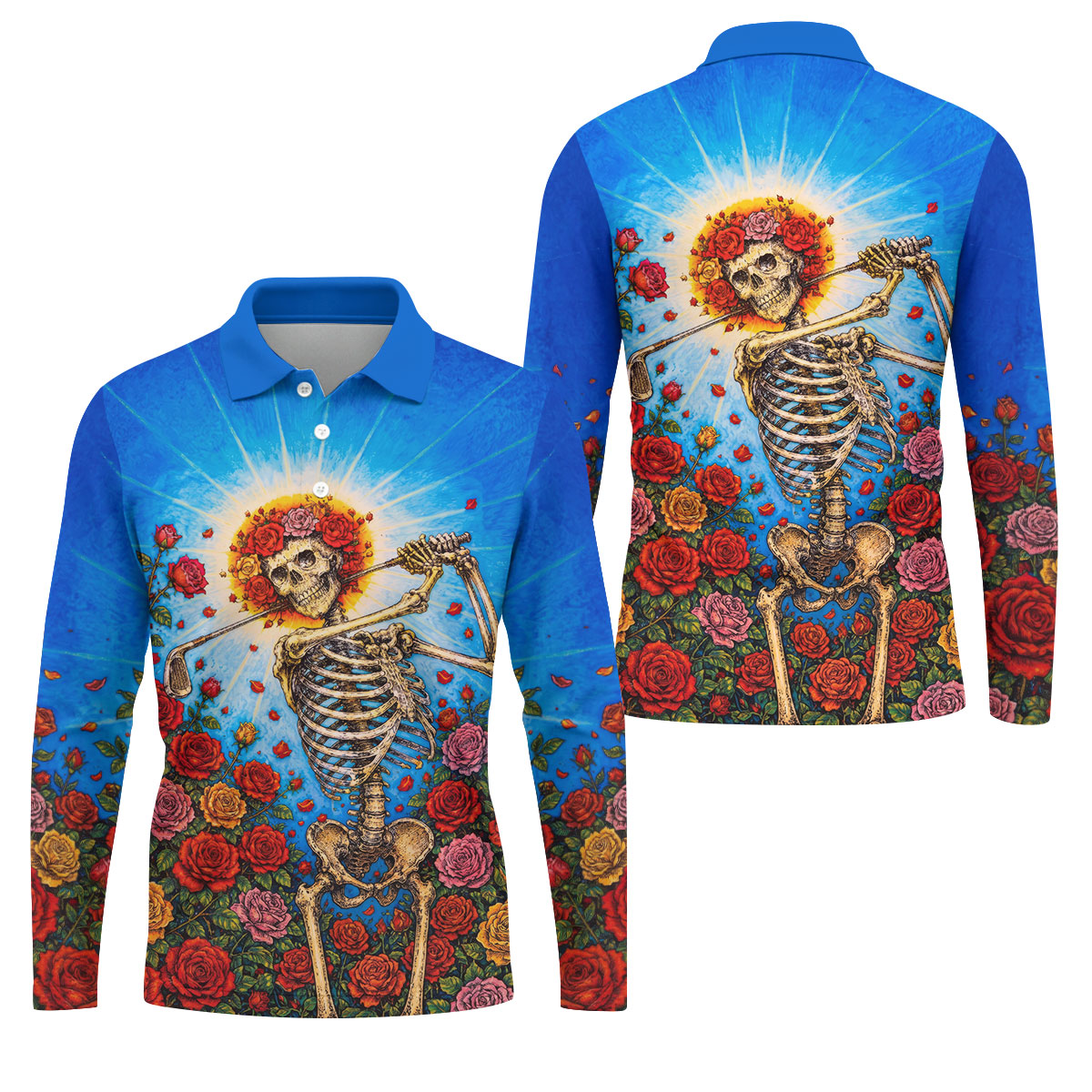 Skeleton Blowing Golf Club Halloween Polo Shirt, Men's Golf Shirt, Mens Golf Polo