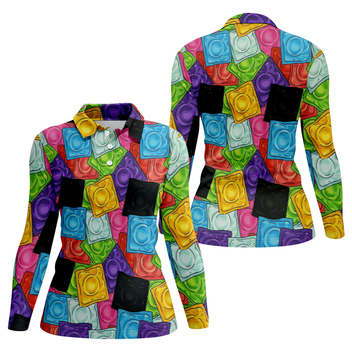 Funny Condom Wrapper Pattern Golf Polo Shirt, Women's Golf Apparel, Printed Golf Shirt