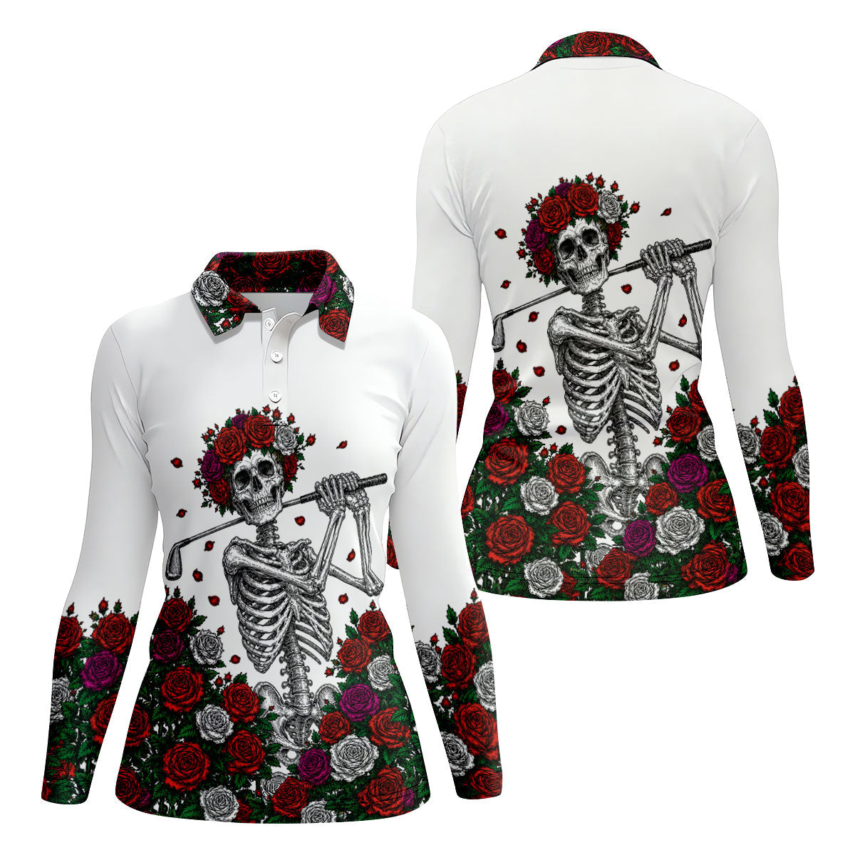 Rose Crown Skeleton Golfer Halloween Polo Shirt, Golf Tops For Women, Ladies Golf Top