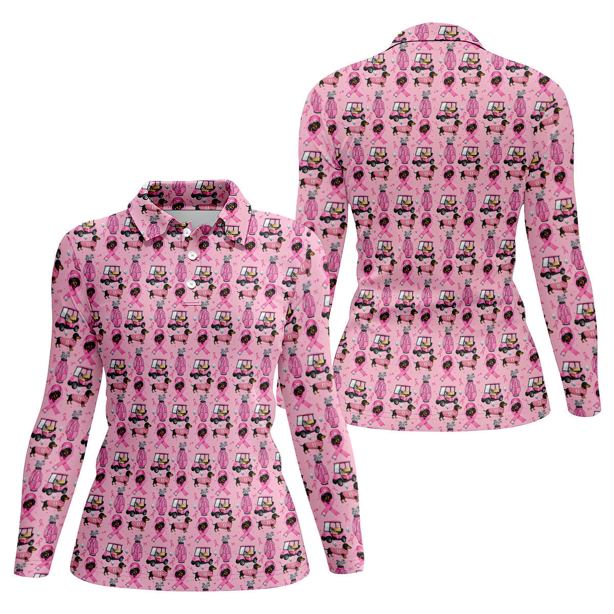 Cute Dog Golf Cart Breast Cancer Ribbon Polo Shirt, Ladies Golf Tops, Women’s Golf Polo
