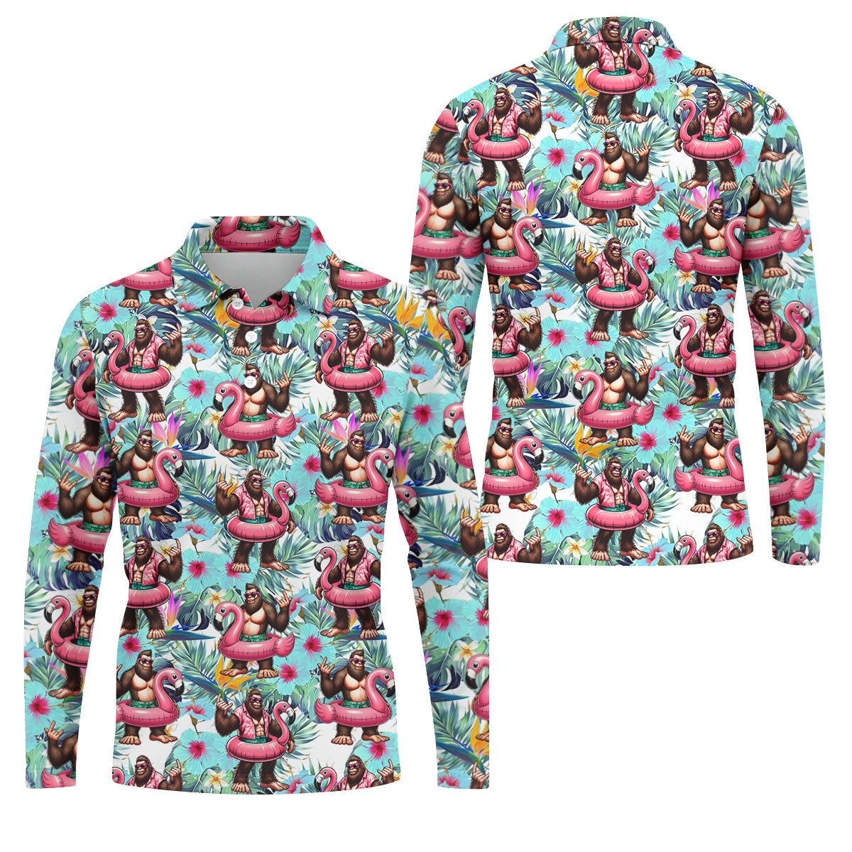 Funny Bigfoot Flamingo Float Tropical Golf Polo Shirt, Men's Golf Shirt, Golf Polo Shirts For Men