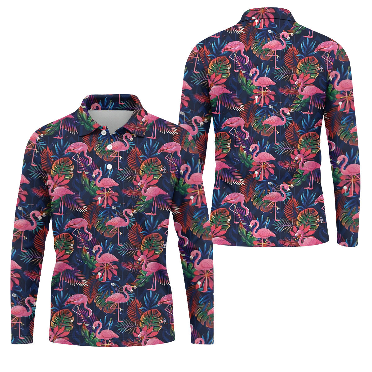 Dark Tropical Pink Flamingo Pattern Golf Shirt, Mens Polo Shirts, Hawaiian Golf Shirt, Printed Golf Shirts