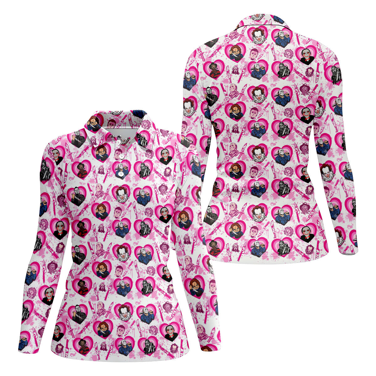Pink Horror Character Pattern Golf Polo Shirt for Women Halloween Golf Apparel Ladies Golf Shirts