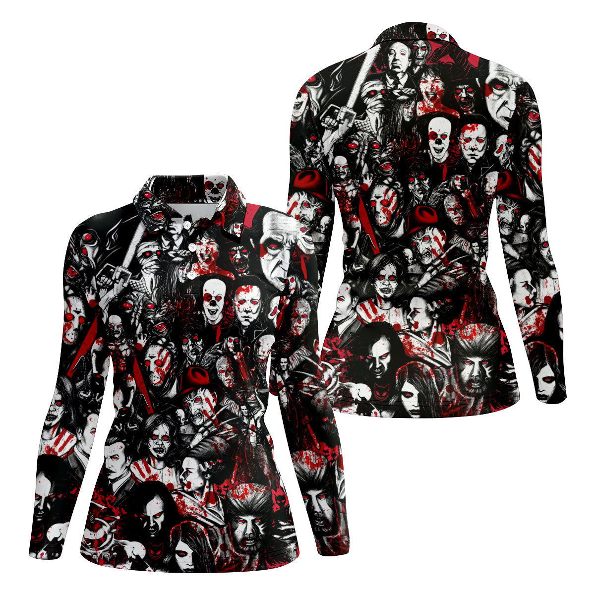 Horror Character Pattern Golf Polo Shirt, Women's Golf Apparel, Halloween Tops For Women