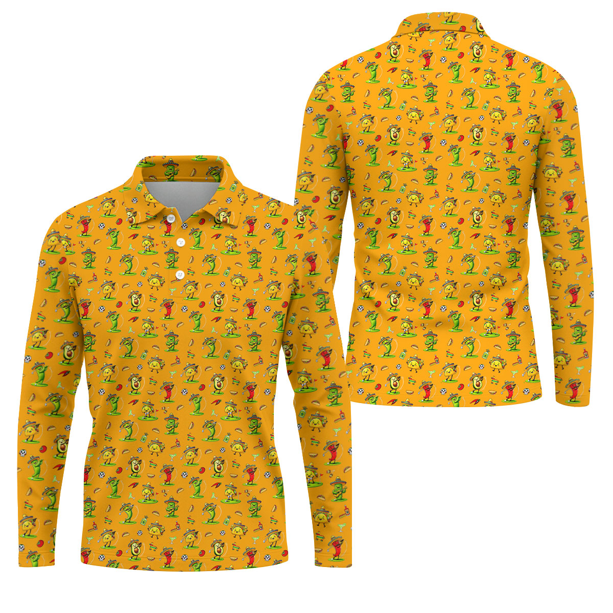 Mexican Cartoon Food Characters Cinco De Mayo Celebration Fiesta Themed Orange Golf Shirts For Men