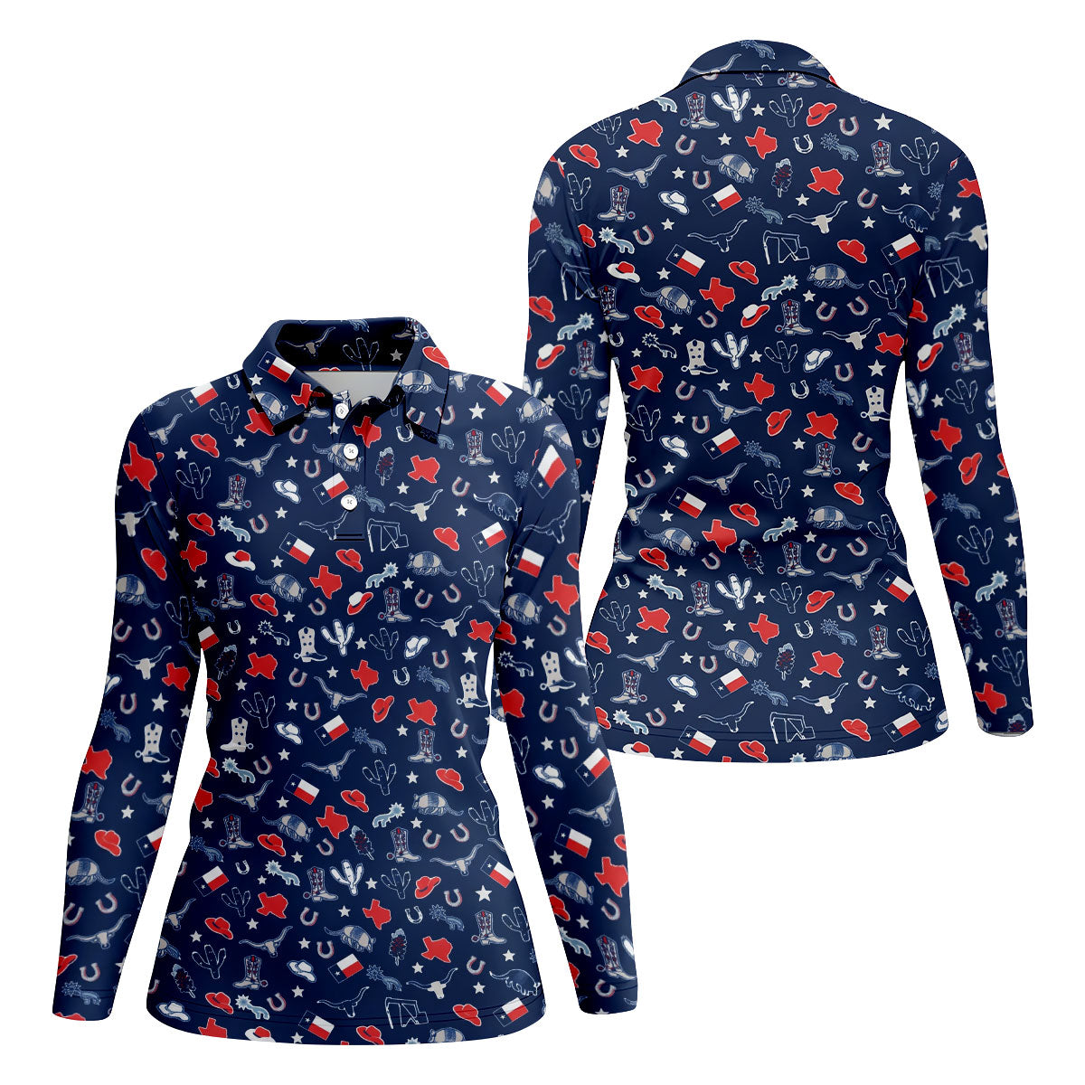 Navy Texas Western Pattern Golf Polo Shirt, Women's Golf Polo, Hawaiian Golf Shirt