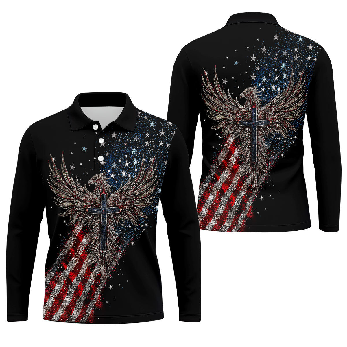 Faith Cross Patriotic Eagle Rhinestones Pattern 4th Of July Golf Shirt, 250 Years Golf Shirts For Men