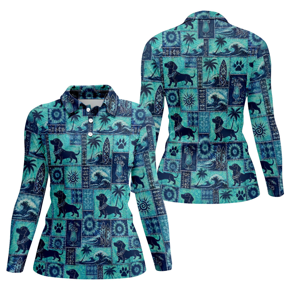 Funny Tropical Dog Surf Patchwork Golf Polo Shirt, Womens Golf Tops, Ladies Golf Top