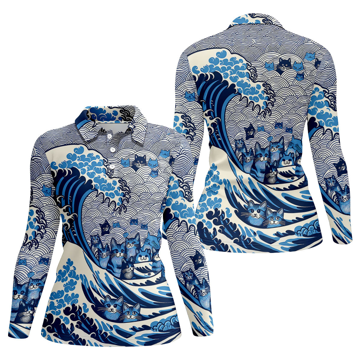 Japanese Wave Cat Hawaiian Golf Shirt, Golf Shirts For Women, Women’s Golf Apparel