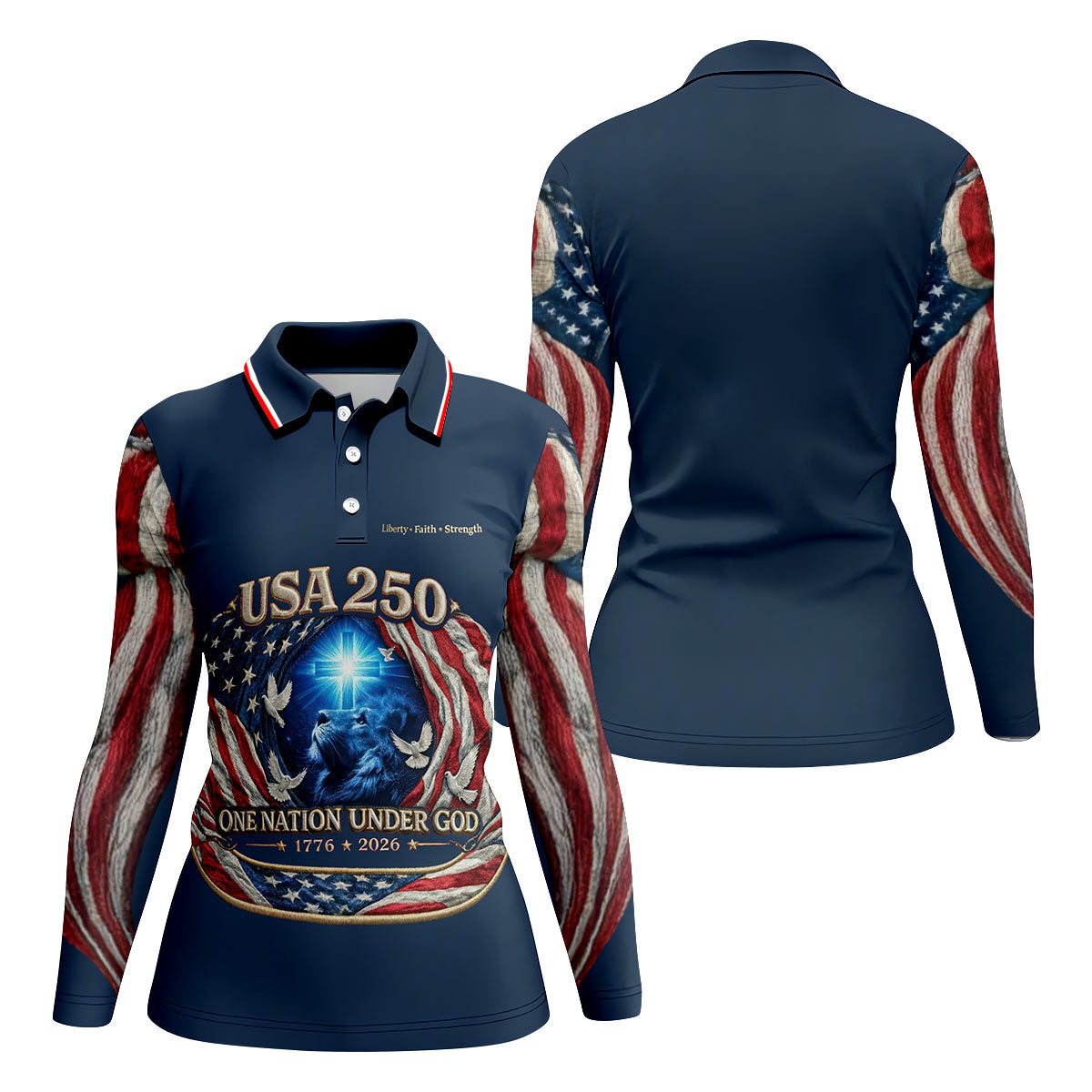 One Nation Under God Faith Cross USA 250 Navy Golf Shirt, 4th Of July Golf Shirt For Women