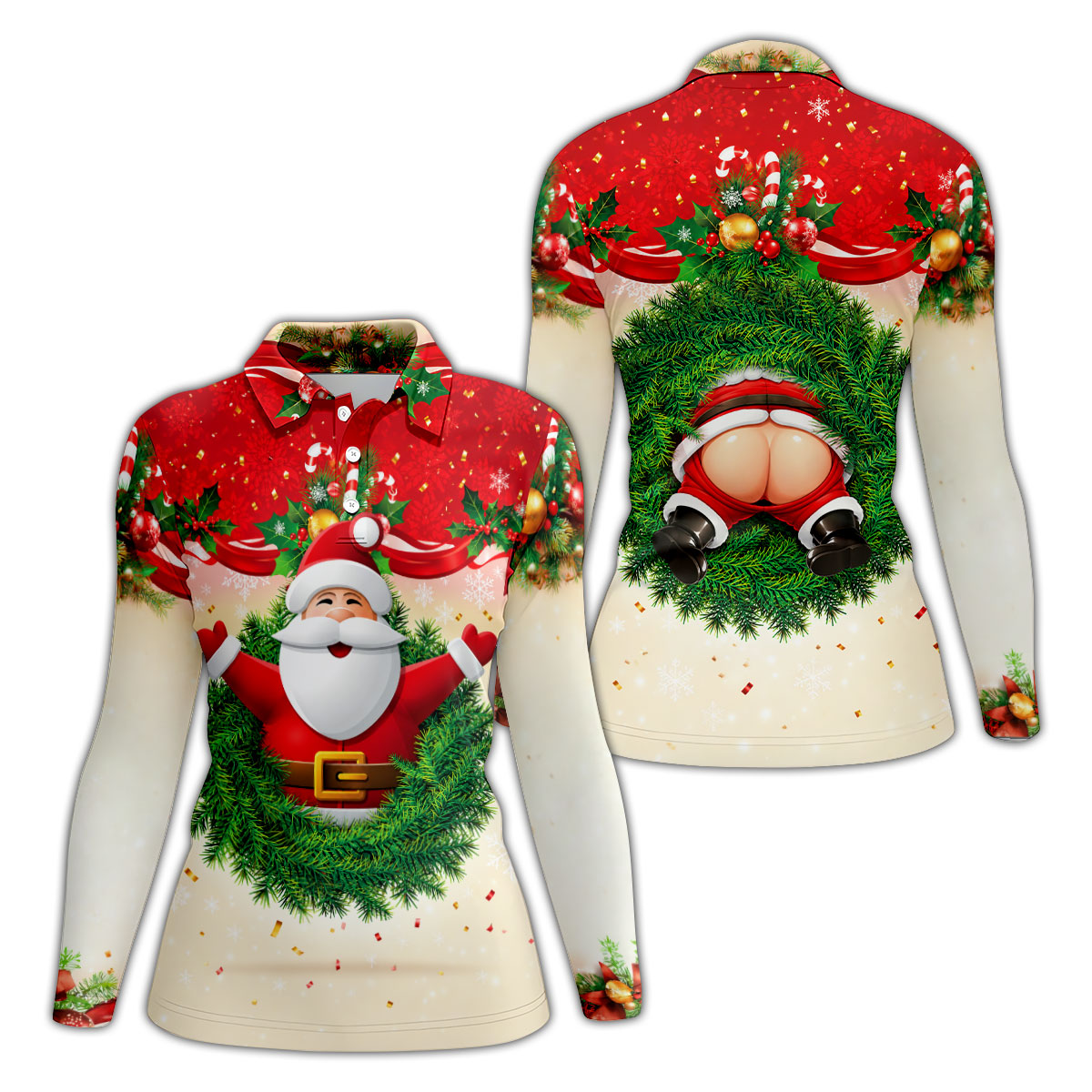 Festive Christmas Santa Wreath Golf Polo Shirt, Women’s Golf Polo, Golf Tops For Women