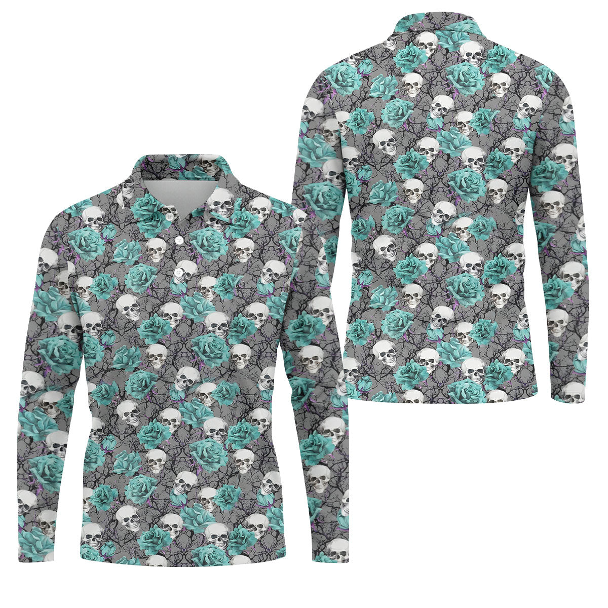 Teal Rose Skull Gothic Pattern Golf Polo Shirt, Mens Golf Shirts, Hawaiian Golf Shirt