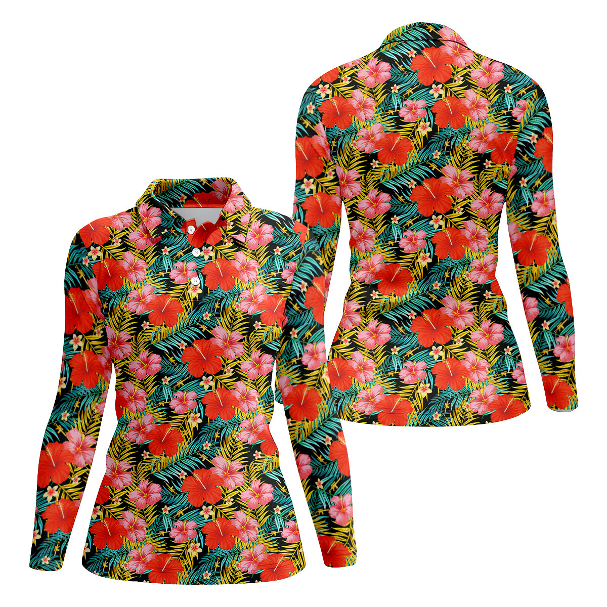 Red Hibicus Gold Palm Leaf Hawaiian Golf Shirt, Summer Theme Golf Shirt For Women