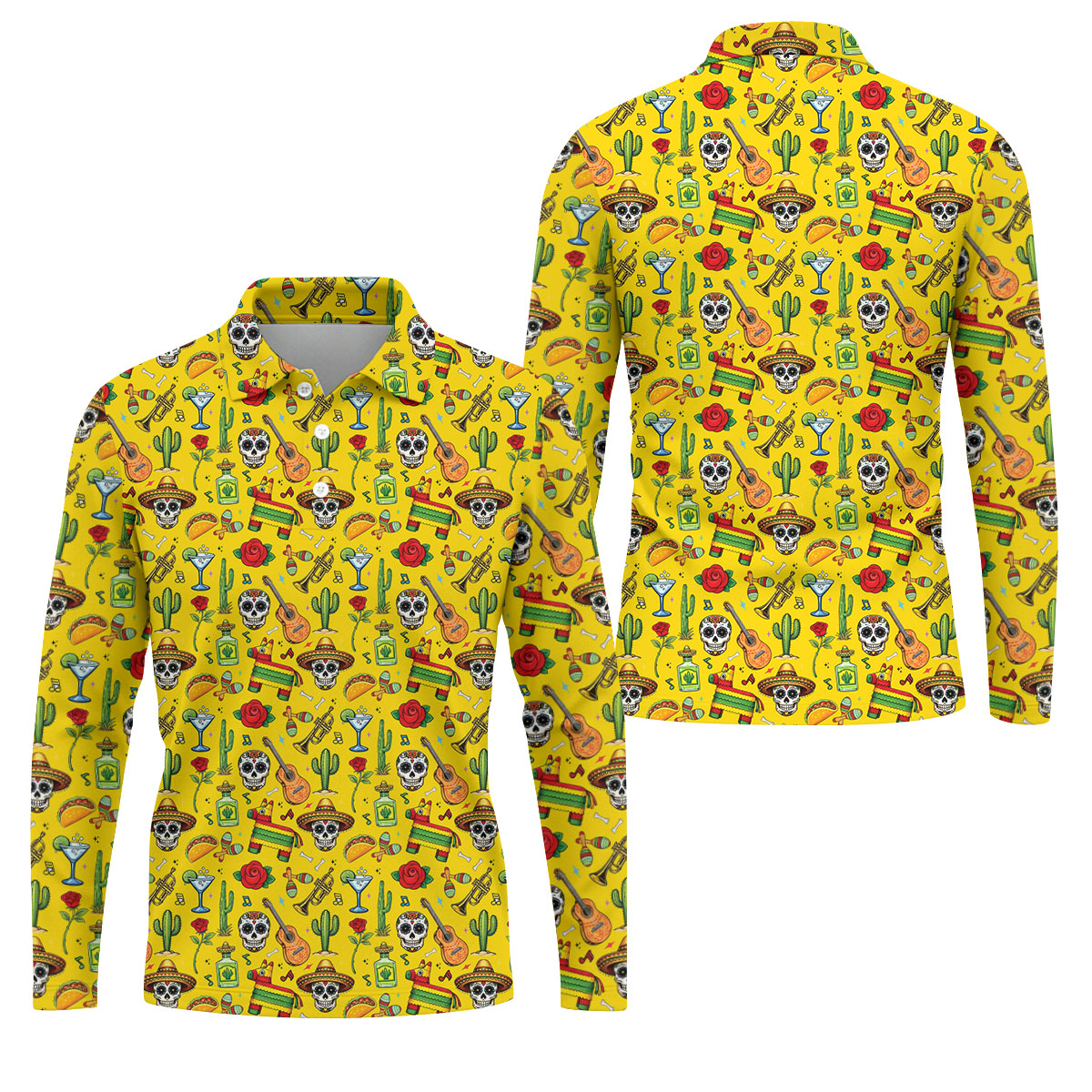 Decorated Skulls Party Items Cinco De Mayo Celebration Fiesta Themed Yellow Golf Shirts For Men