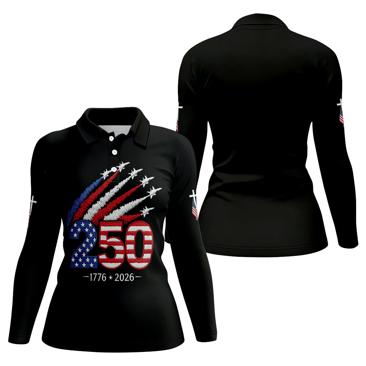 Flying Fighter Jets Faith Cross Patriotic 4th Of July Black Golf Shirt, 250 Years Golf Shirt For Women